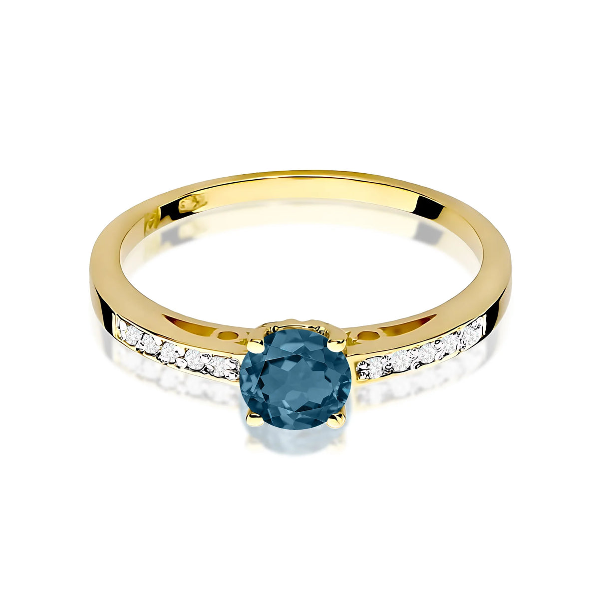 Prsten ze žlutého 14k zlata s diamanty na ramenou prstenu s topazem London Blue 0,50 ct a diamanty 0,05 ct