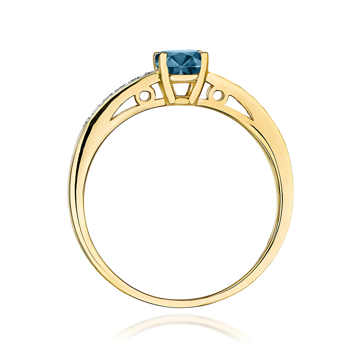 Prsten ze žlutého 14k zlata s diamanty na ramenou prstenu s topazem London Blue 0,50 ct a diamanty 0,05 ct