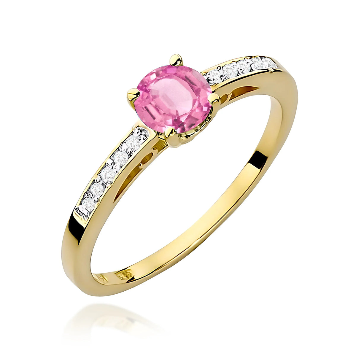 Prsten ze žlutého 14k zlata s diamanty na ramenou prstenu s růžovým topazem 0,60 ct a diamanty 0,05 ct
