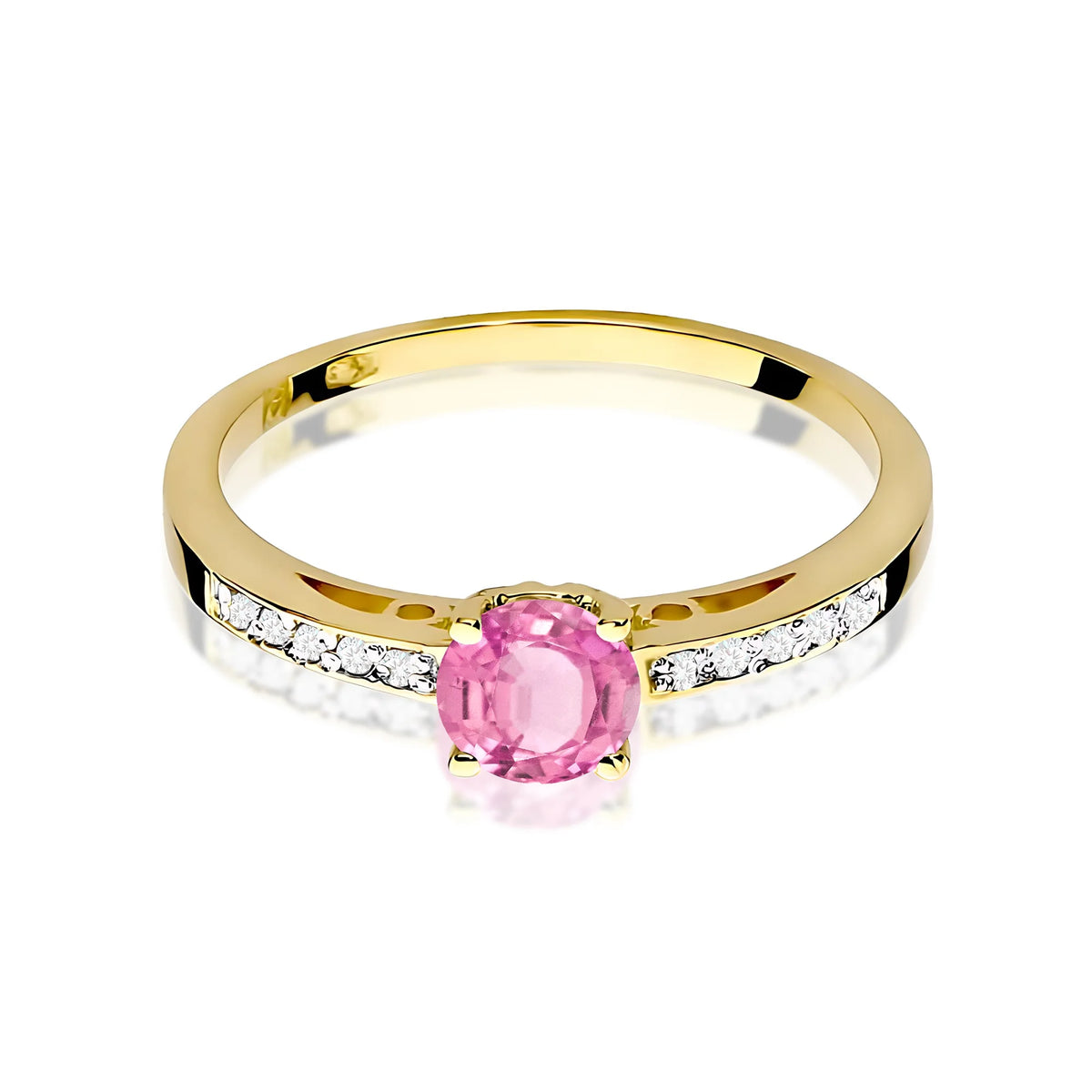 Prsten ze žlutého 14k zlata s diamanty na ramenou prstenu s růžovým topazem 0,60 ct a diamanty 0,05 ct