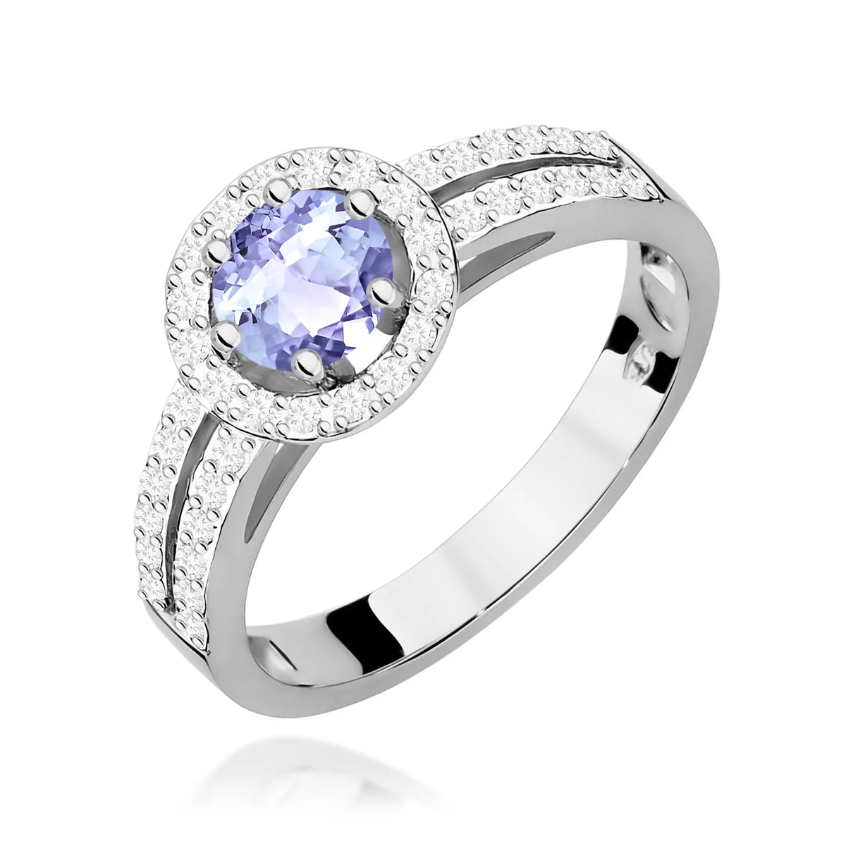 Pavé prsten z bílého 14k zlata s kulatým tanzanitem 0,50 ct a diamanty 0,20 ct