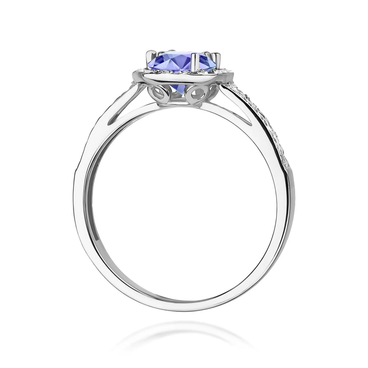 Pavé prsten z bílého 14k zlata s kulatým tanzanitem 0,50 ct a diamanty 0,20 ct