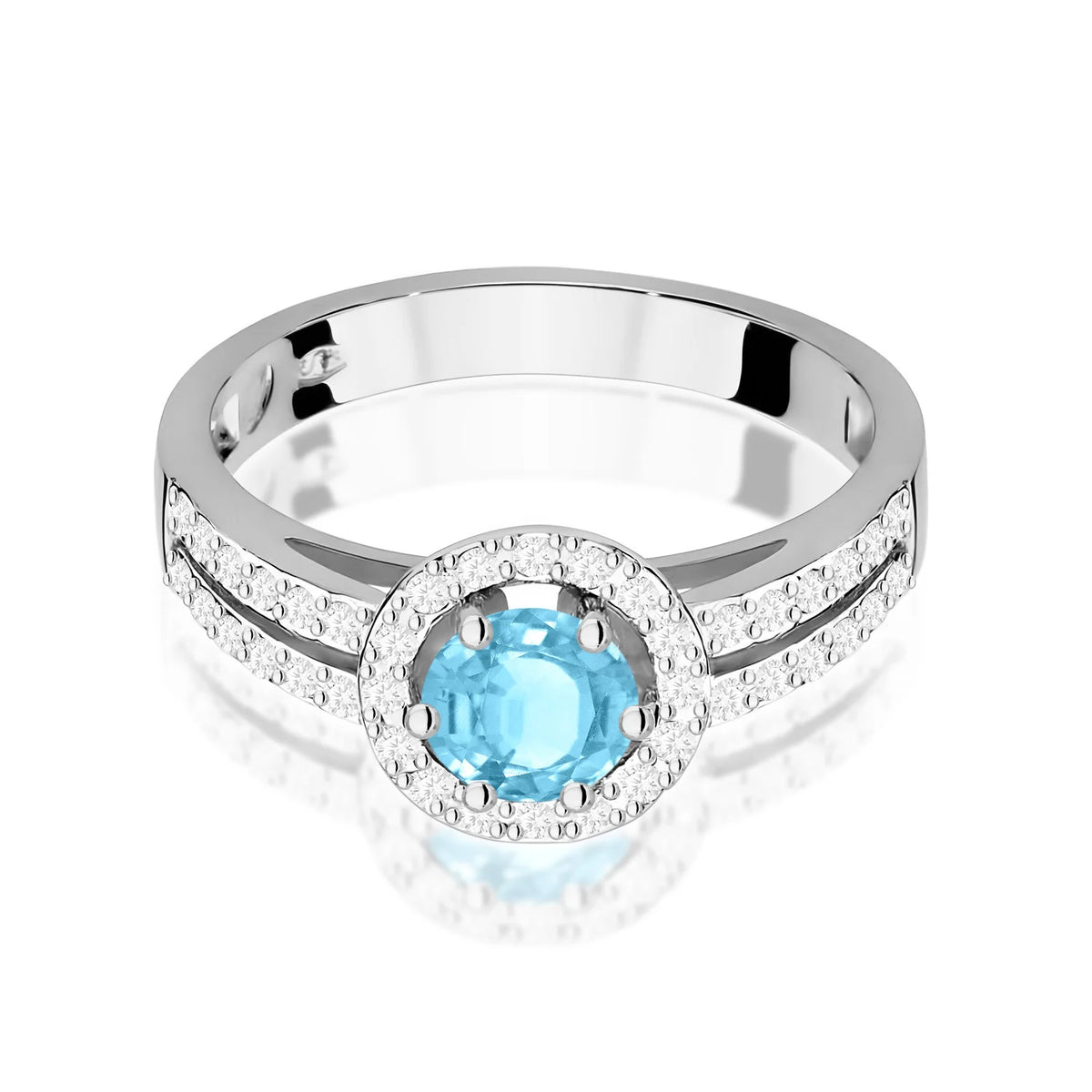 Pavé prsten z bílého 14k zlata s kulatým švýcarským topazem 0,50 ct a diamanty 0,20 ct