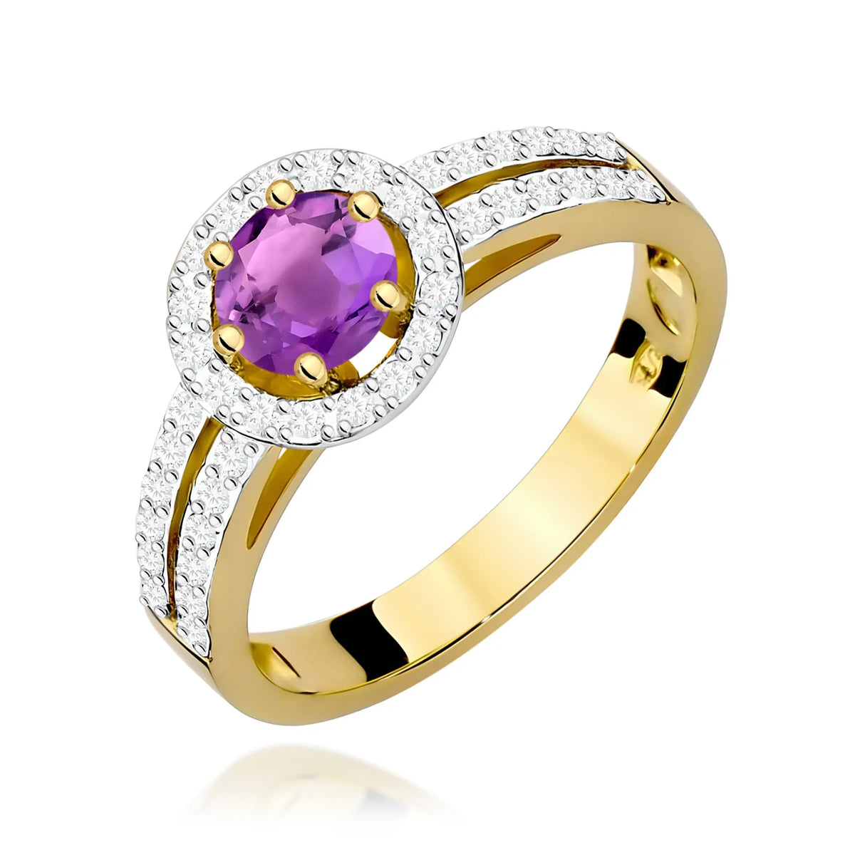 Pavé prsten ze žlutého 14k zlata s kulatým ametystem 0,50 ct a diamanty 0,20 ct