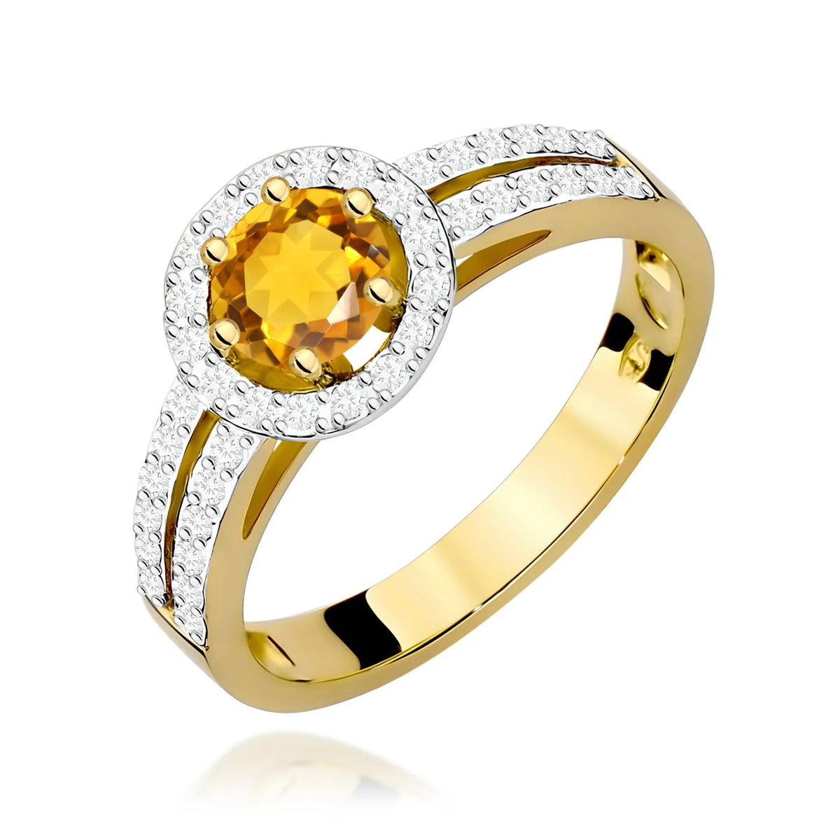 Pavé prsten ze žlutého 14k zlata s kulatým citrínem 0,50 ct a diamanty 0,20 ct