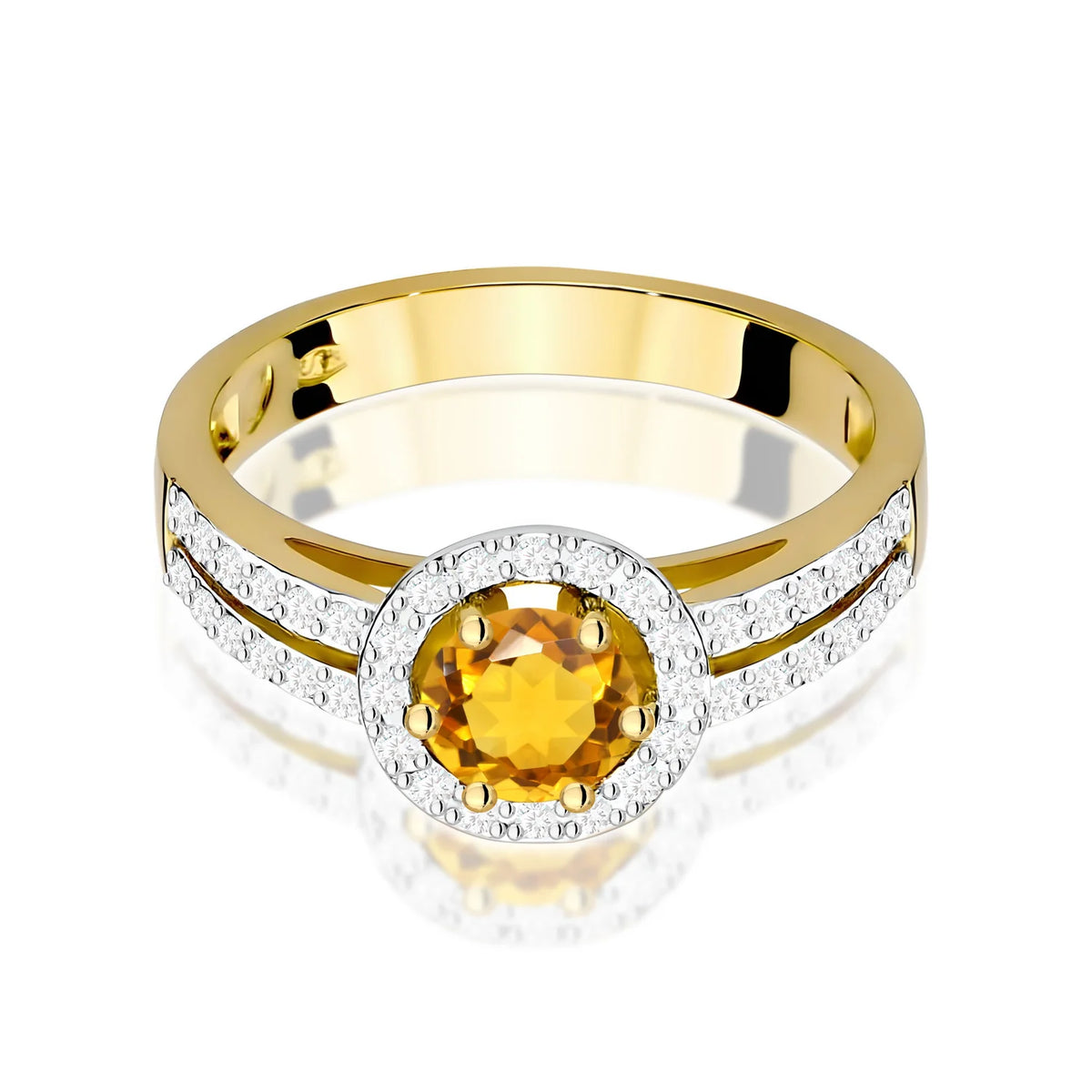 Pavé prsten ze žlutého 14k zlata s kulatým citrínem 0,50 ct a diamanty 0,20 ct