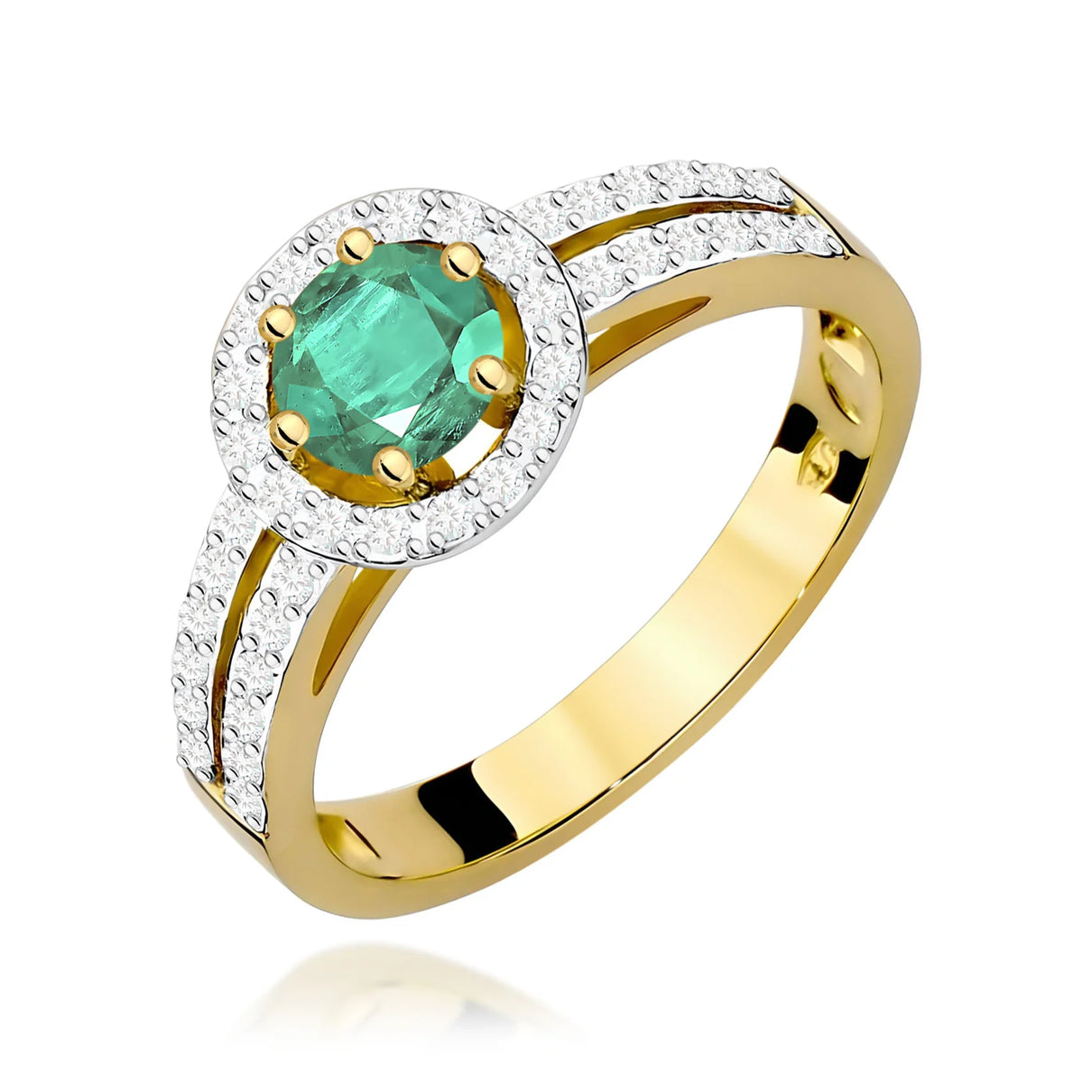 Pavé prsten ze žlutého 14k zlata s kulatým smaragdem 0,50 ct a diamanty 0,20 ct