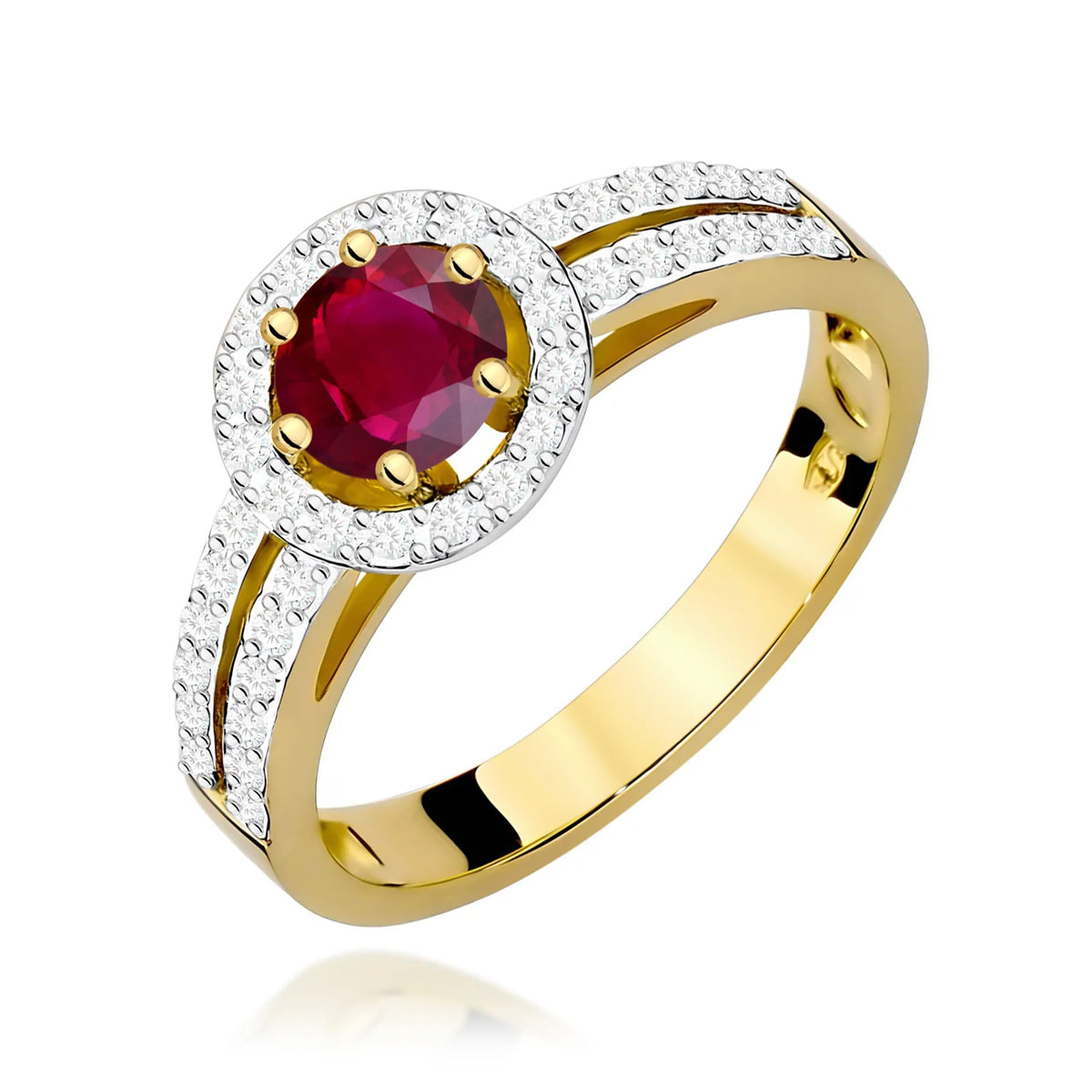 Halo prsten ze žlutého 14k zlata s kulatým rubínem 0,60 ct a diamanty 0,2 ct