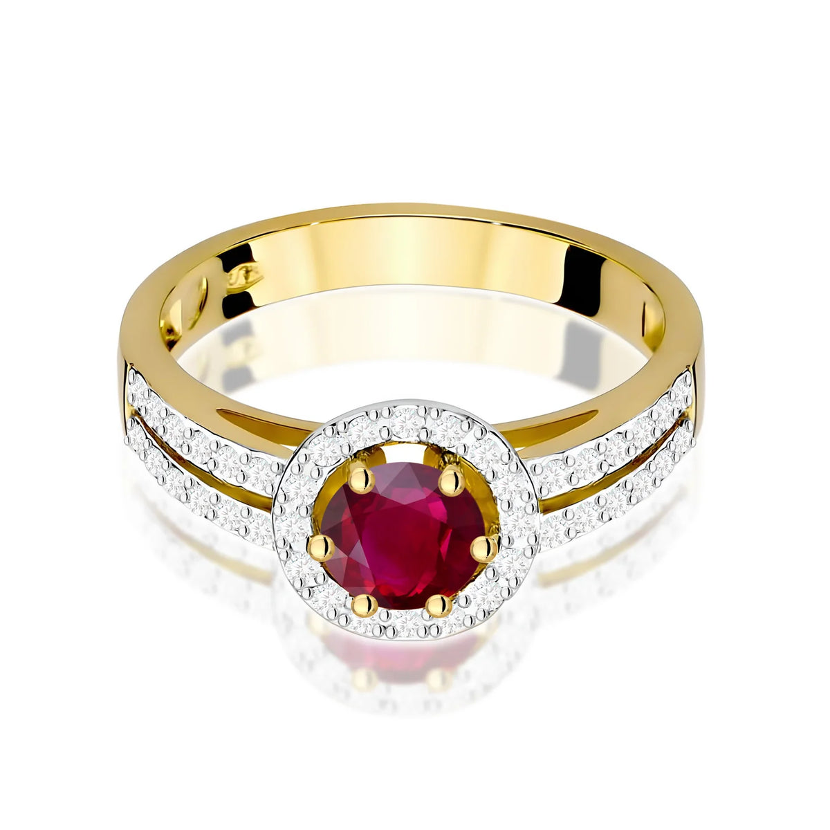 Halo prsten ze žlutého 14k zlata s kulatým rubínem 0,60 ct a diamanty 0,2 ct
