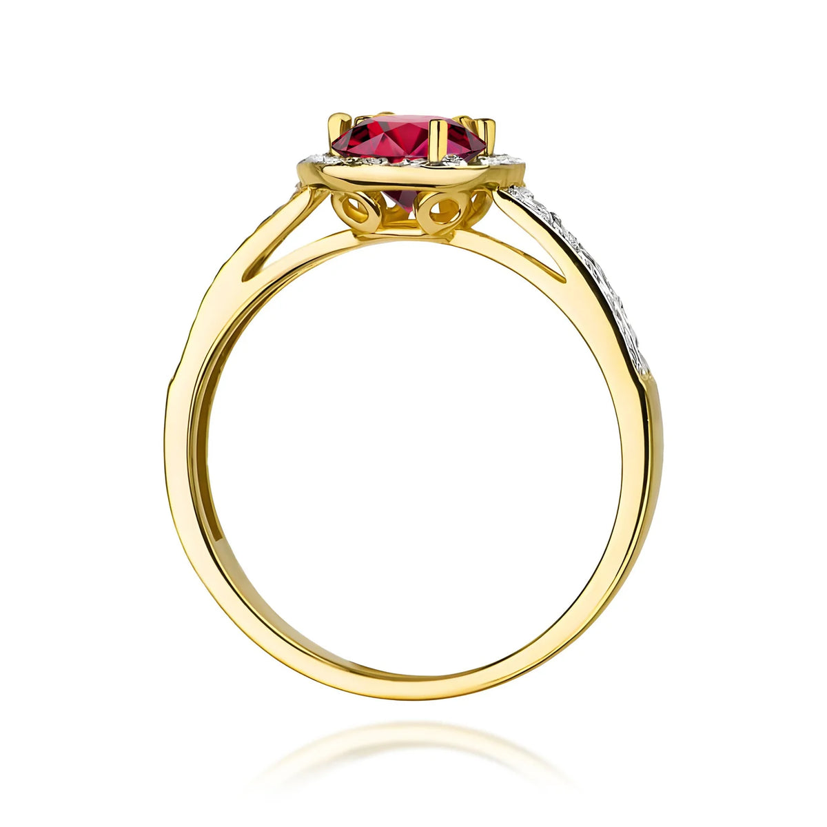 Halo prsten ze žlutého 14k zlata s kulatým rubínem 0,60 ct a diamanty 0,2 ct