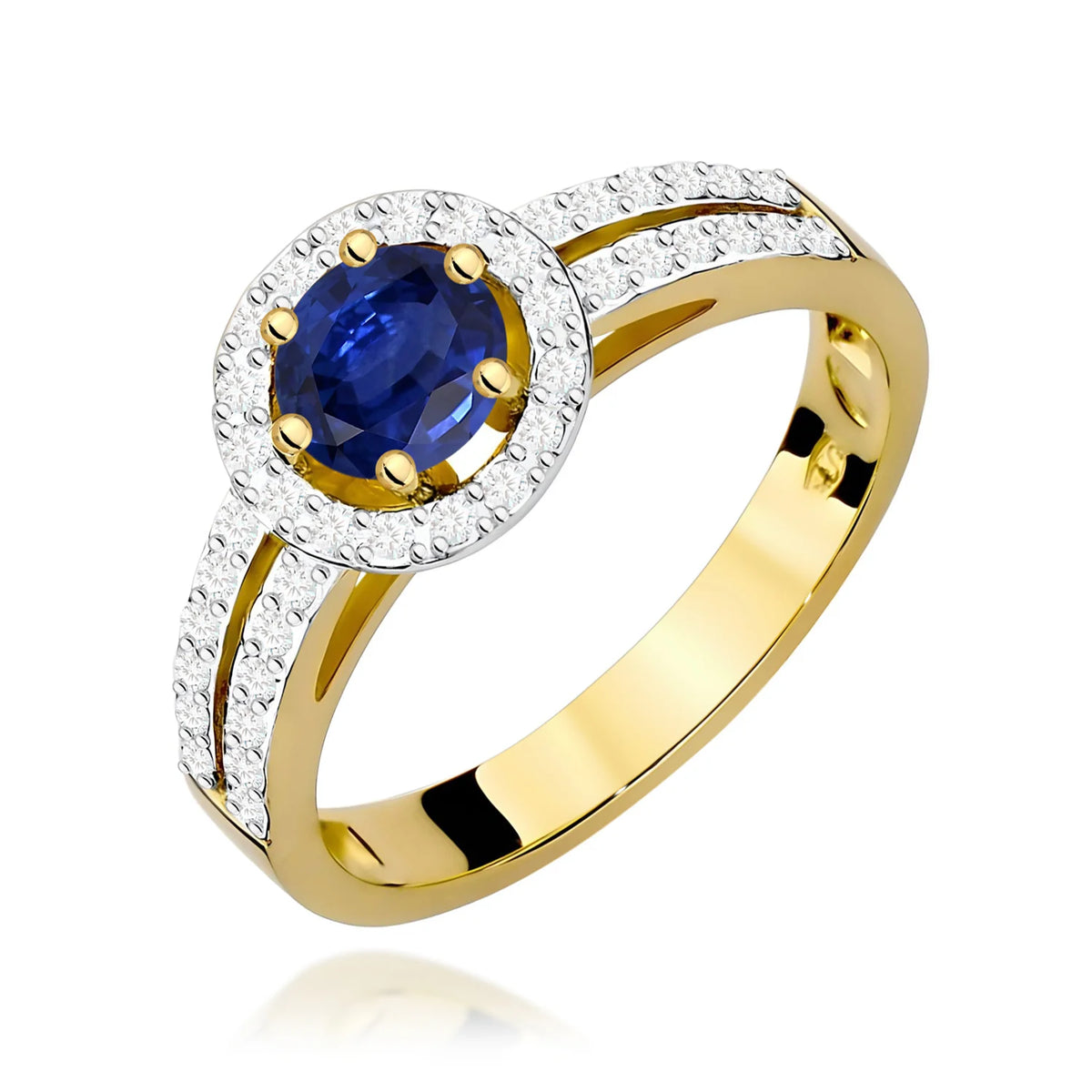 Pavé prsten ze žlutého 14k zlata s kulatým modrým safírem 0,50 ct a diamanty 0,20 ct