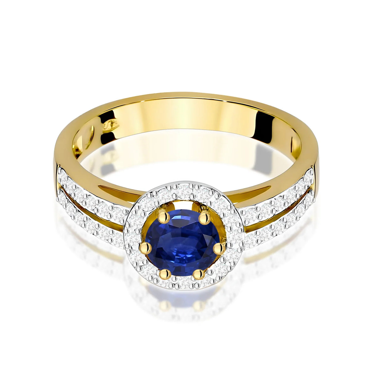 Pavé prsten ze žlutého 14k zlata s kulatým modrým safírem 0,50 ct a diamanty 0,20 ct