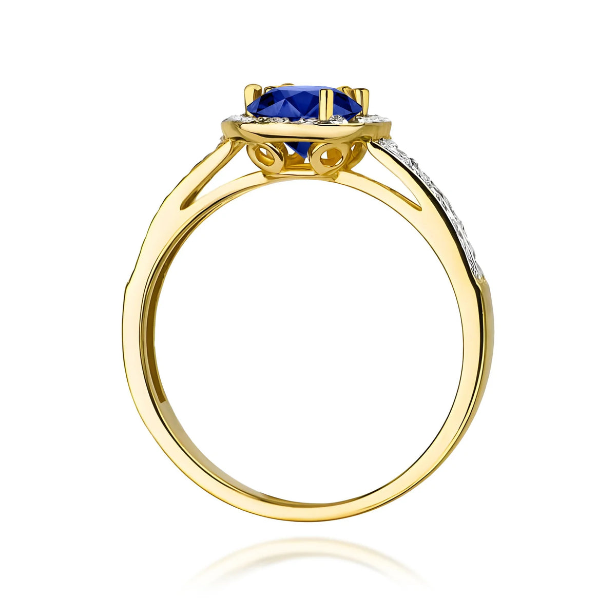 Pavé prsten ze žlutého 14k zlata s kulatým modrým safírem 0,50 ct a diamanty 0,20 ct