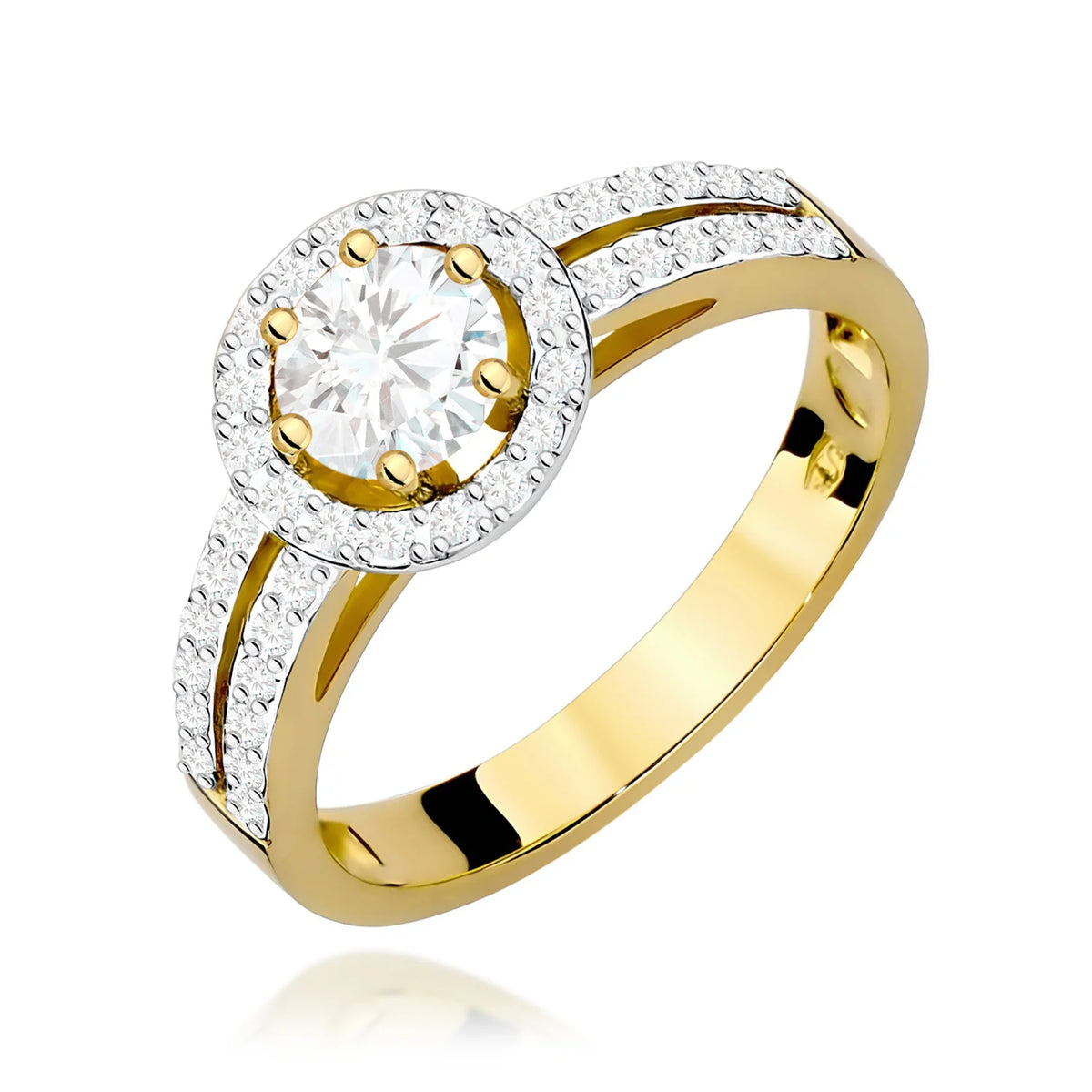 Pavé prsten ze žlutého 14k zlata s kulatým bílým safírem 0,60 ct a diamanty 0,2 ct