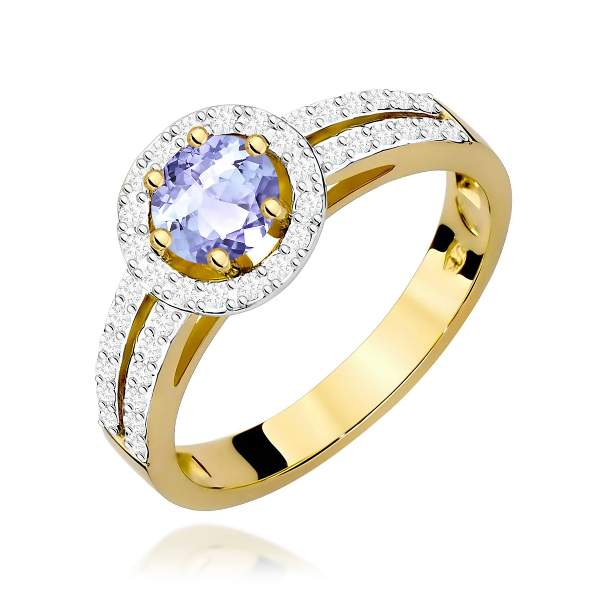 Pavé prsten ze žlutého 14k zlata s kulatým tanzanitem 0,50 ct a diamanty 0,20 ct