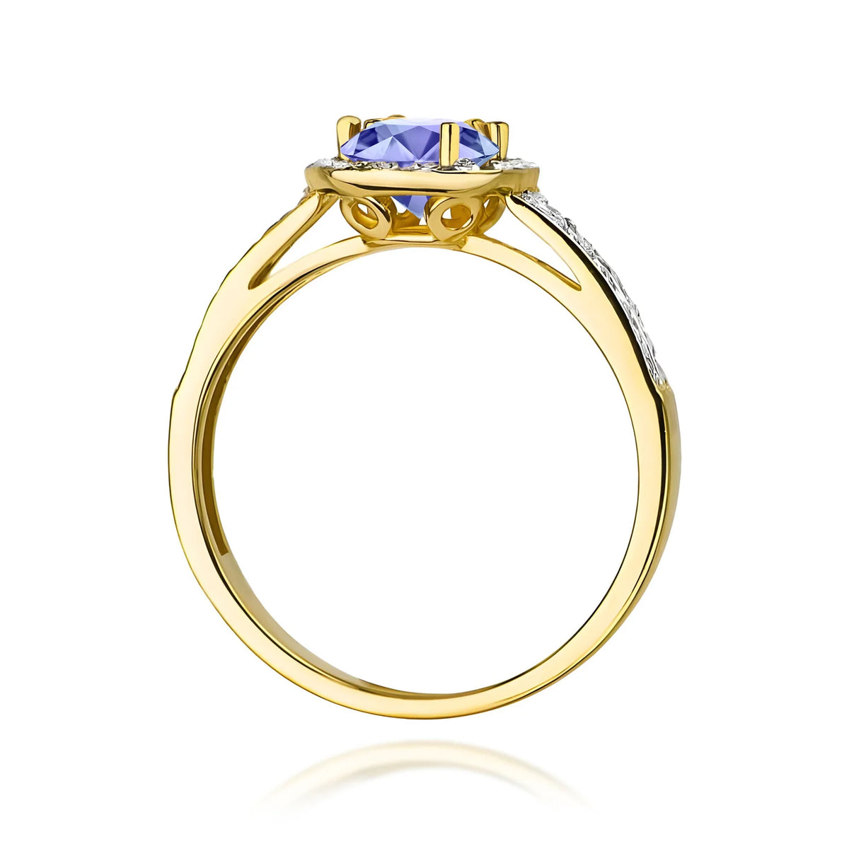 Pavé prsten ze žlutého 14k zlata s kulatým tanzanitem 0,50 ct a diamanty 0,20 ct