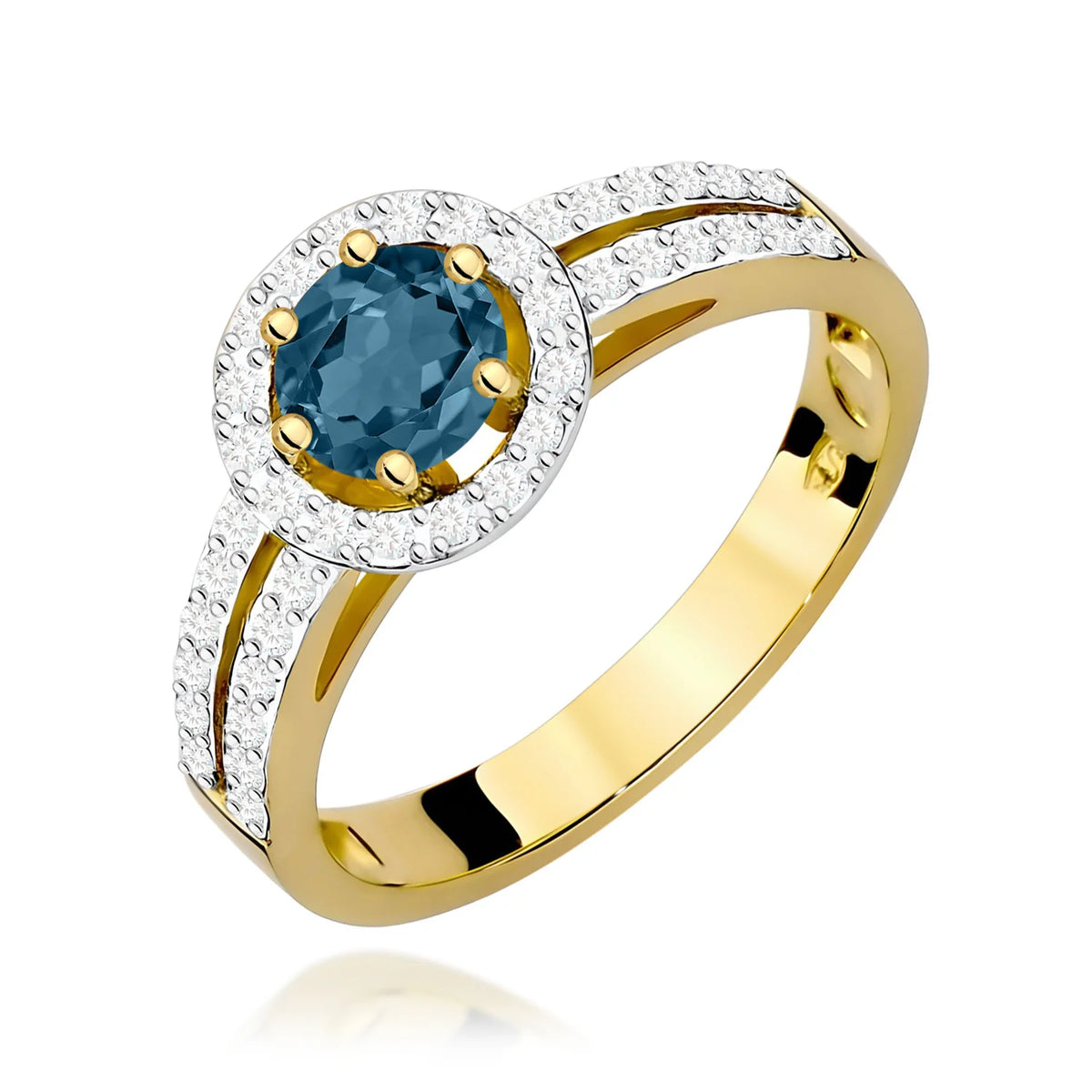 Pavé prsten ze žlutého 14k zlata s kulatým londýnským modrým topazem 0,50 ct a diamanty 0,20 ct