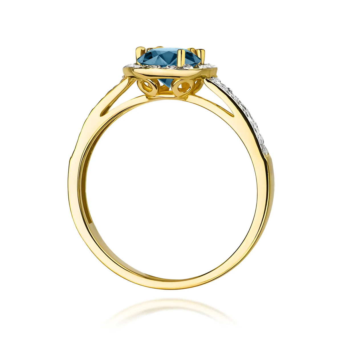 Pavé prsten ze žlutého 14k zlata s kulatým londýnským modrým topazem 0,50 ct a diamanty 0,20 ct