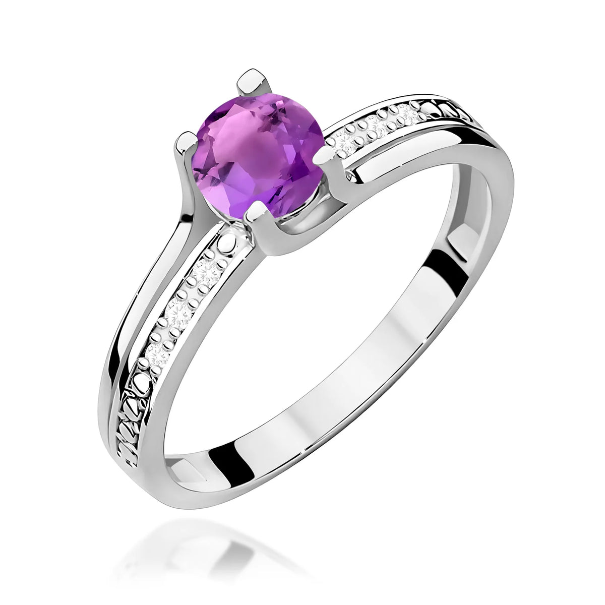 Halo prsten z bílého 14k zlata s kulatým ametystem 0,50 ct a diamanty 0,03 ct