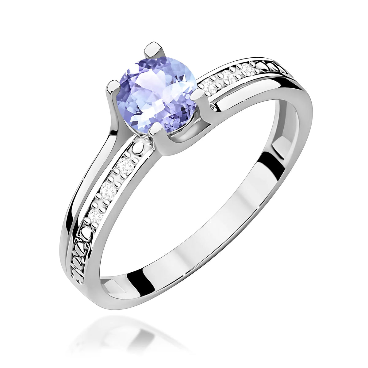 Halo prsten z bílého 14k zlata s kulatým tanzanitem 0,50 ct a diamanty 0,03 ct