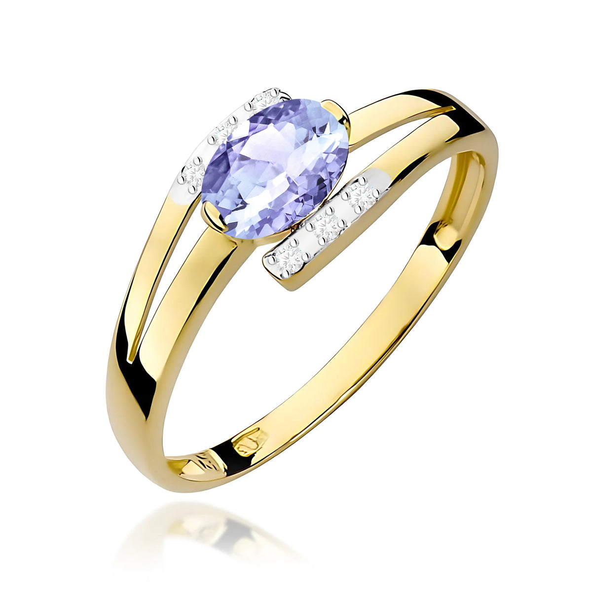 Prsten ze žlutého 14k zlata s oválným tanzanitem 0,40 ct a diamanty 0,052 ct