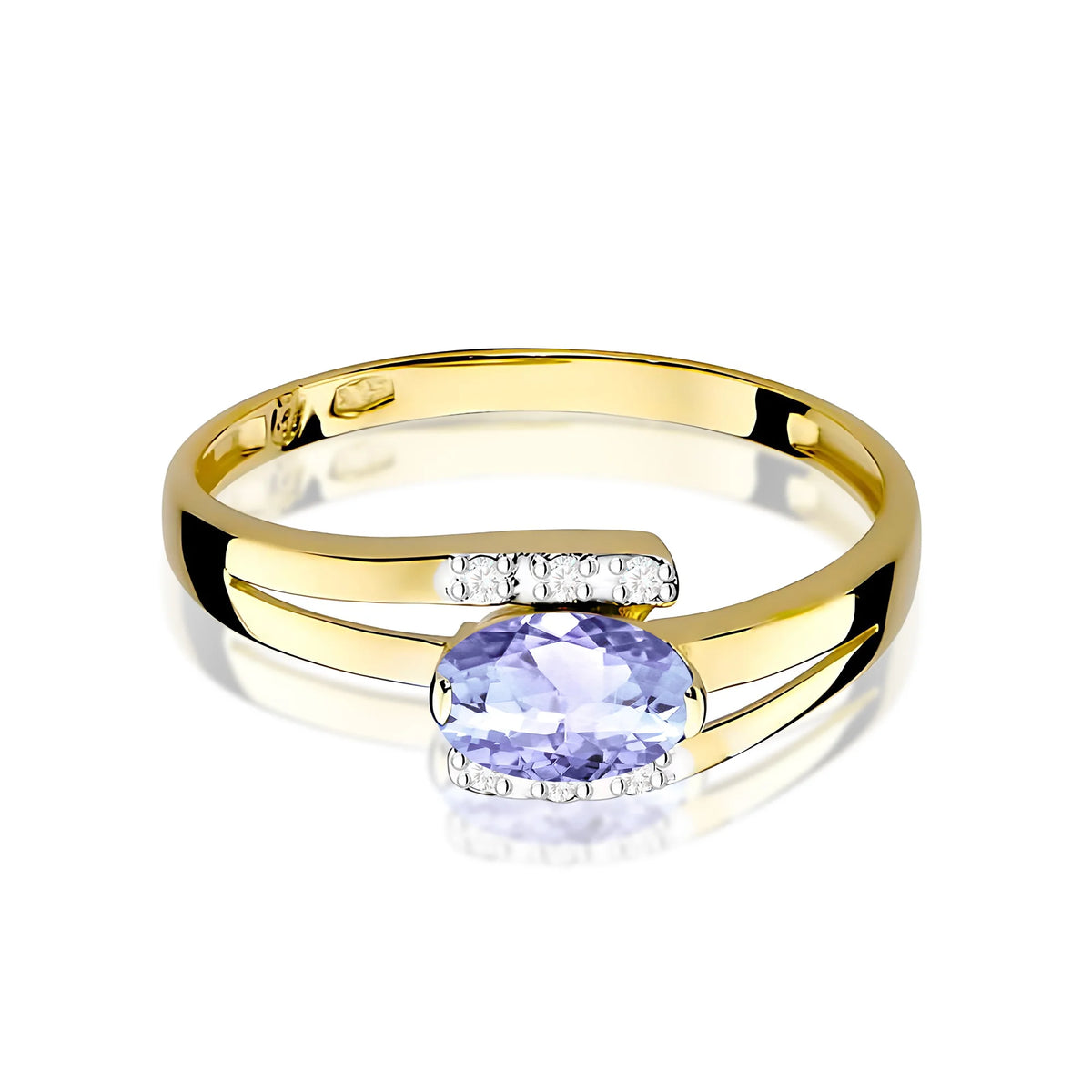 Prsten ze žlutého 14k zlata s oválným tanzanitem 0,40 ct a diamanty 0,052 ct