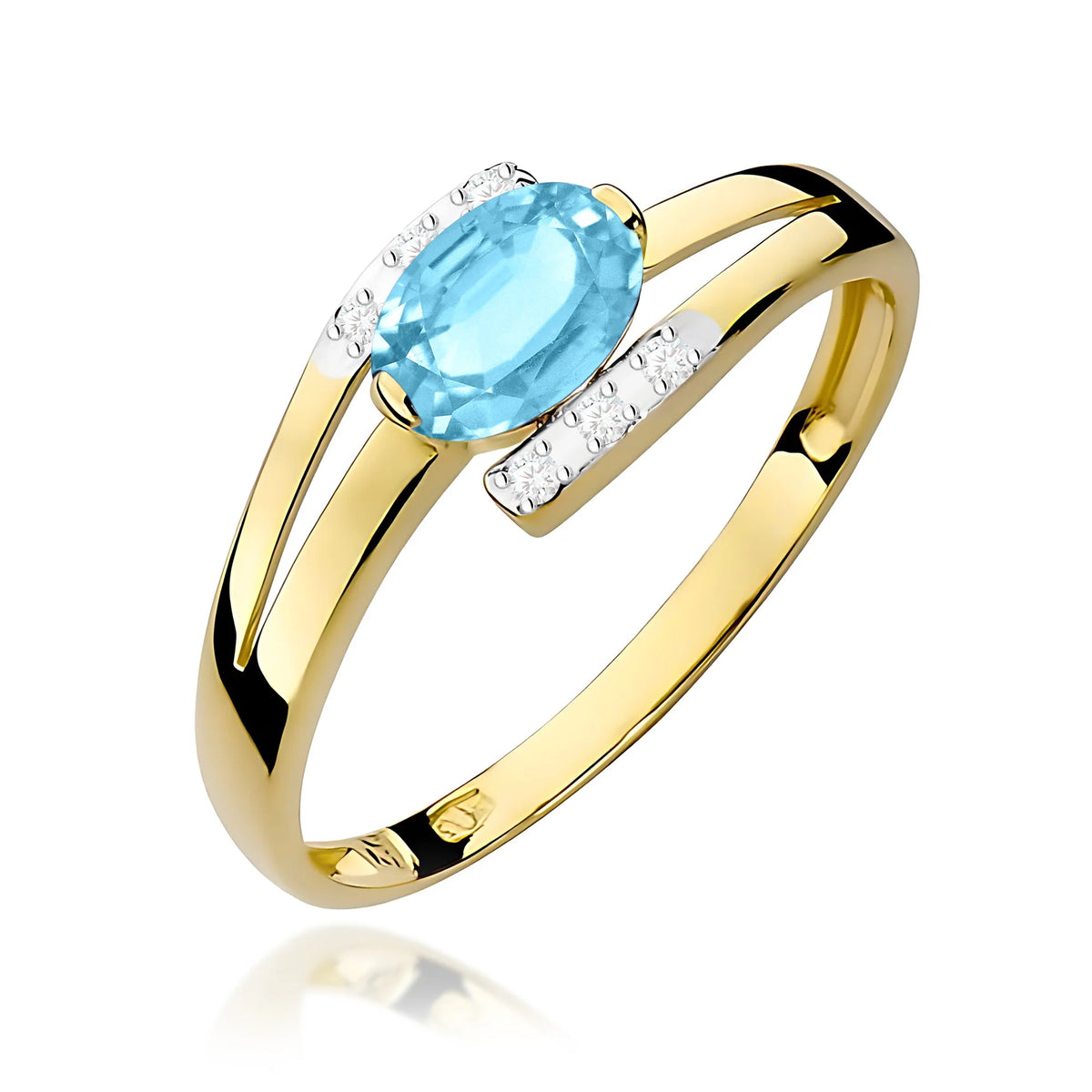 Prsten s překříženými rameny ze žlutého 14k zlata s oválným topazem Swiss Blue 0,50 ct a diamanty 0,052 ct
