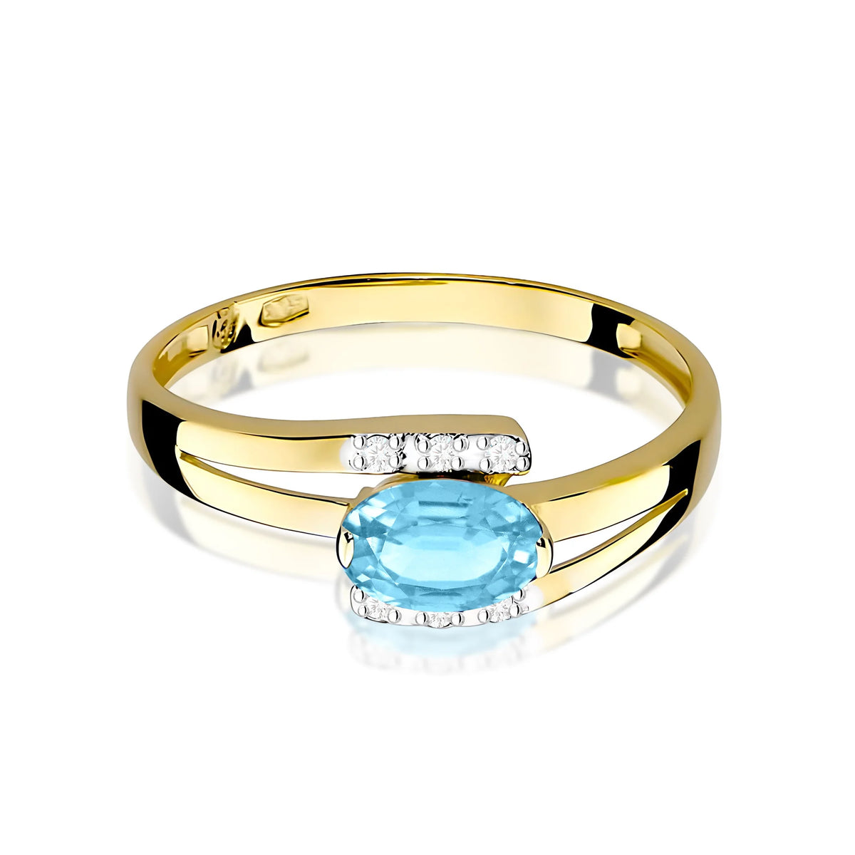 Prsten s překříženými rameny ze žlutého 14k zlata s oválným topazem Swiss Blue 0,50 ct a diamanty 0,052 ct