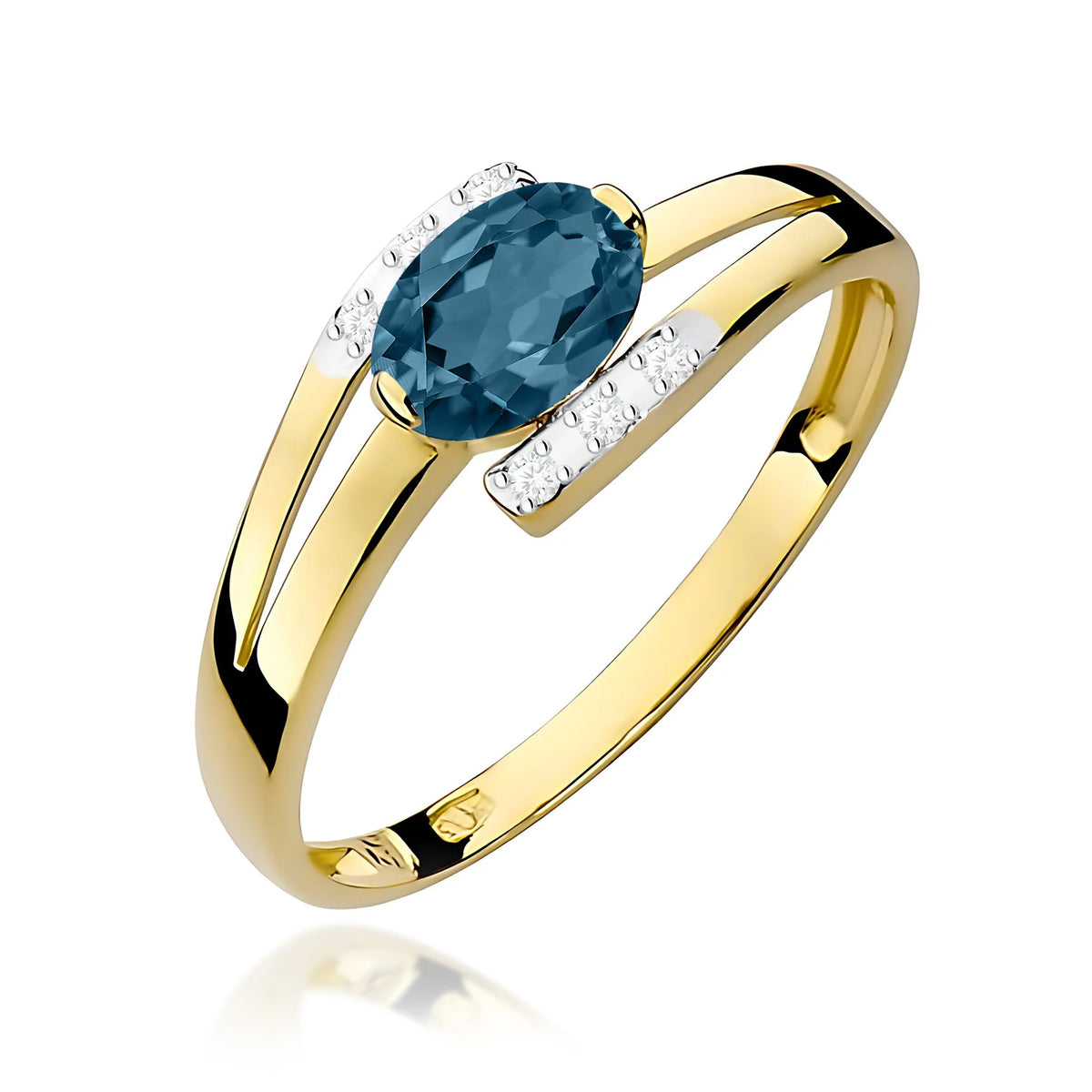 Prsten s překříženými rameny ze žlutého 14k zlata s oválným topazem London Blue 0,50 ct a diamanty 0,052 ct