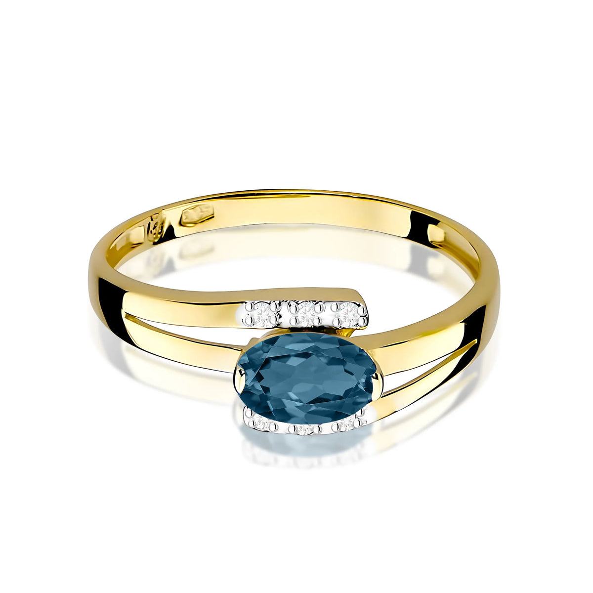 Prsten s překříženými rameny ze žlutého 14k zlata s oválným topazem London Blue 0,50 ct a diamanty 0,052 ct