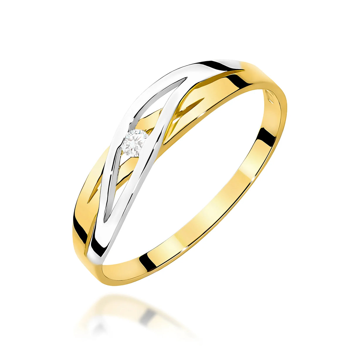 Prolamovaný prsten ze žlutého 14k zlata s kulatým diamantem 0,04 ct