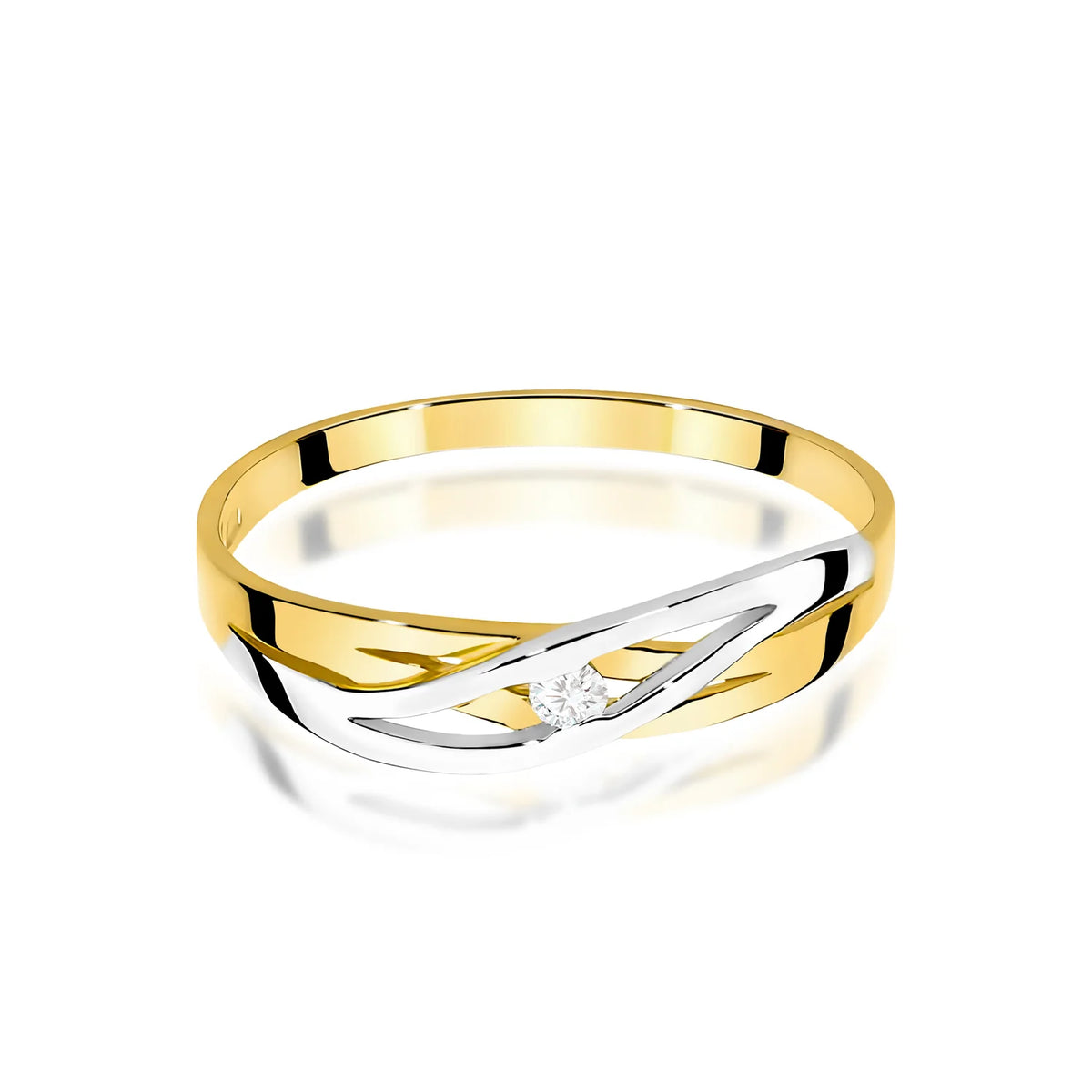 Prolamovaný prsten ze žlutého 14k zlata s kulatým diamantem 0,05 ct