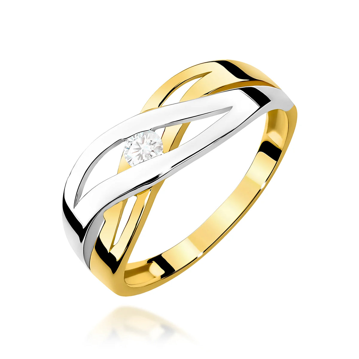 Prolamovaný prsten ze žlutého 14k zlata s kulatým diamantem 0,10 ct