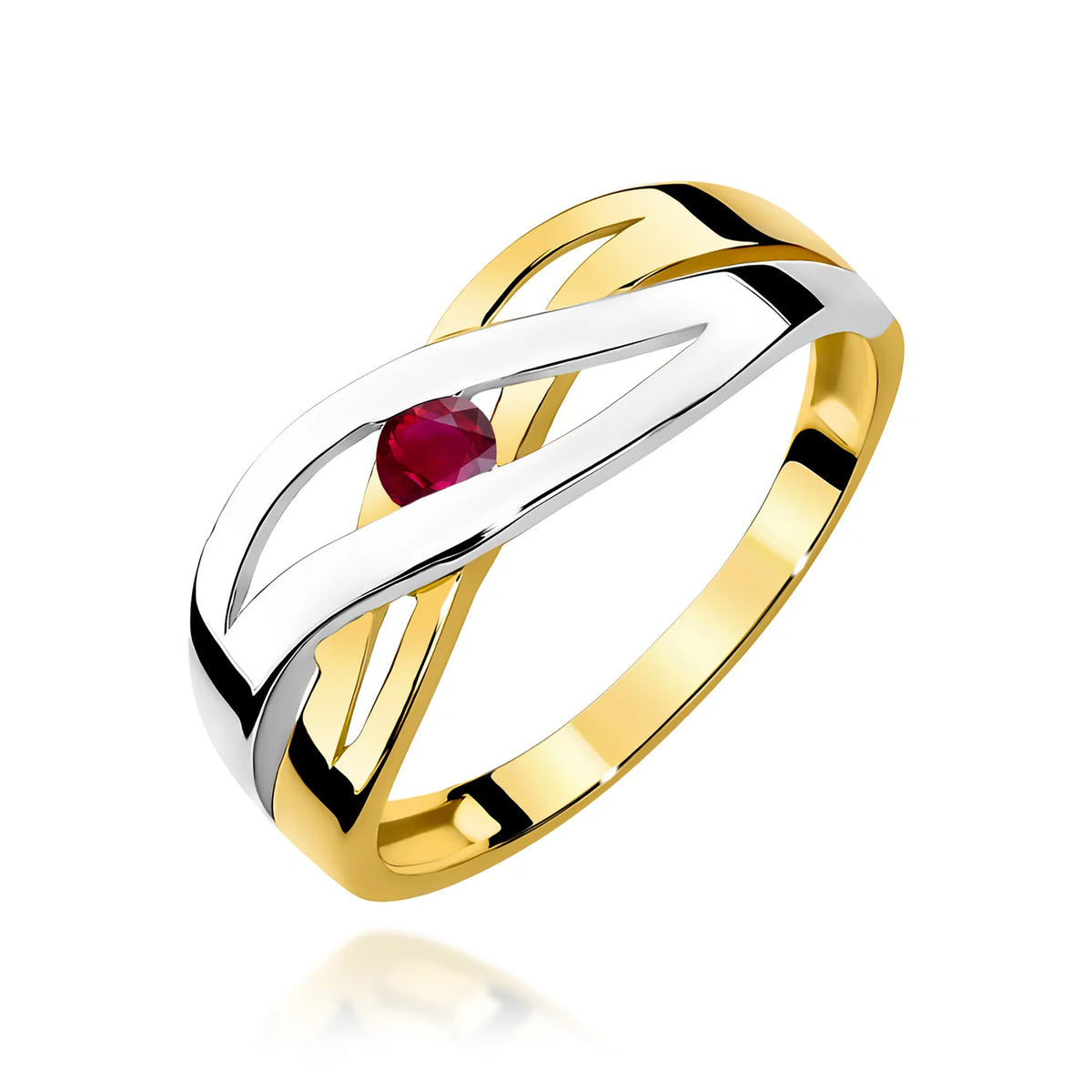 Prolamovaný prsten ze žlutého 14k zlata s kulatým rubínem 0,15 ct
