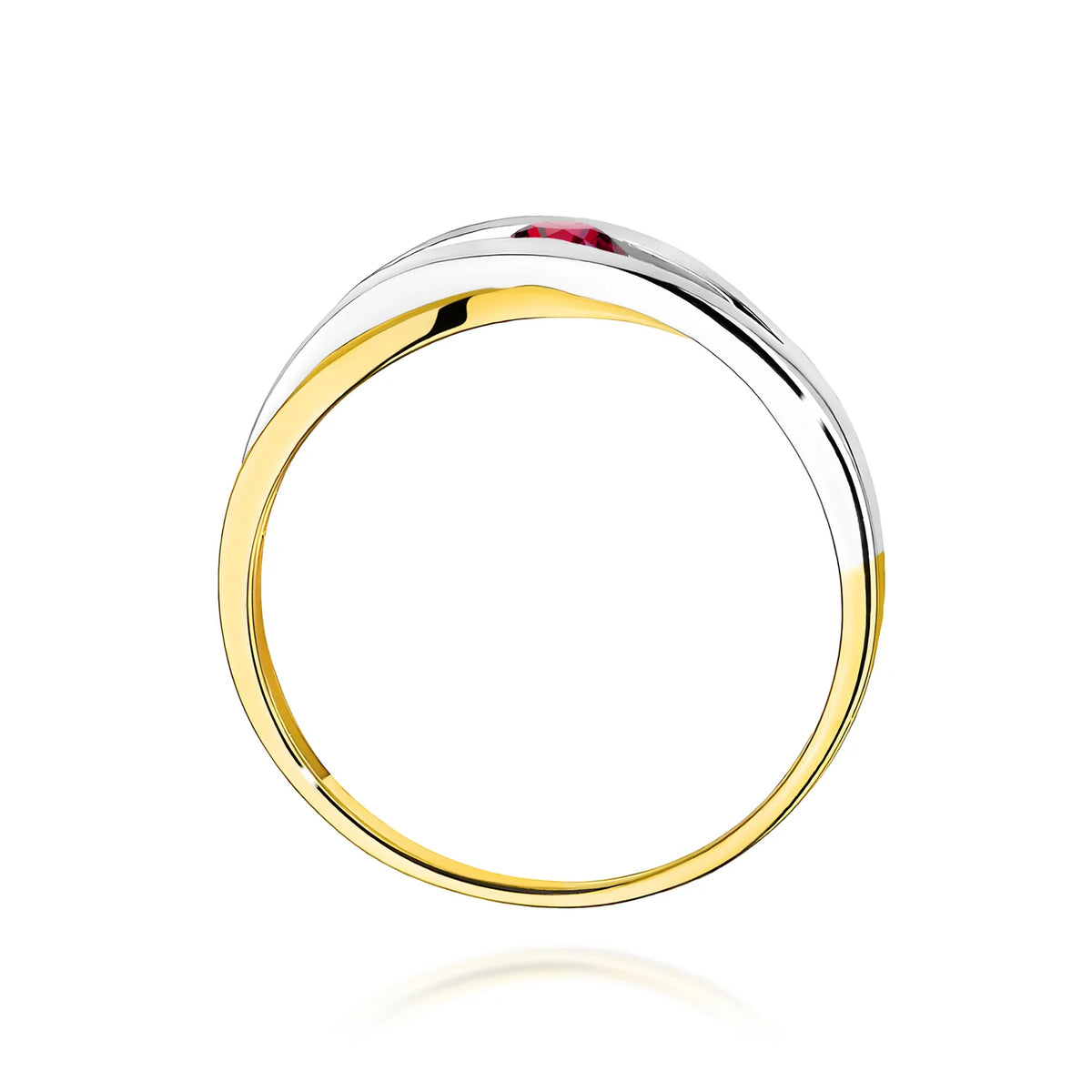 Prolamovaný prsten ze žlutého 14k zlata s kulatým rubínem 0,15 ct