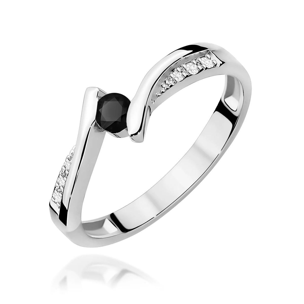 Prsten s otevřenou obroučkou z bílého 14k zlata s černým diamantem 0,12 ct a 0,03 ct bílými diamanty