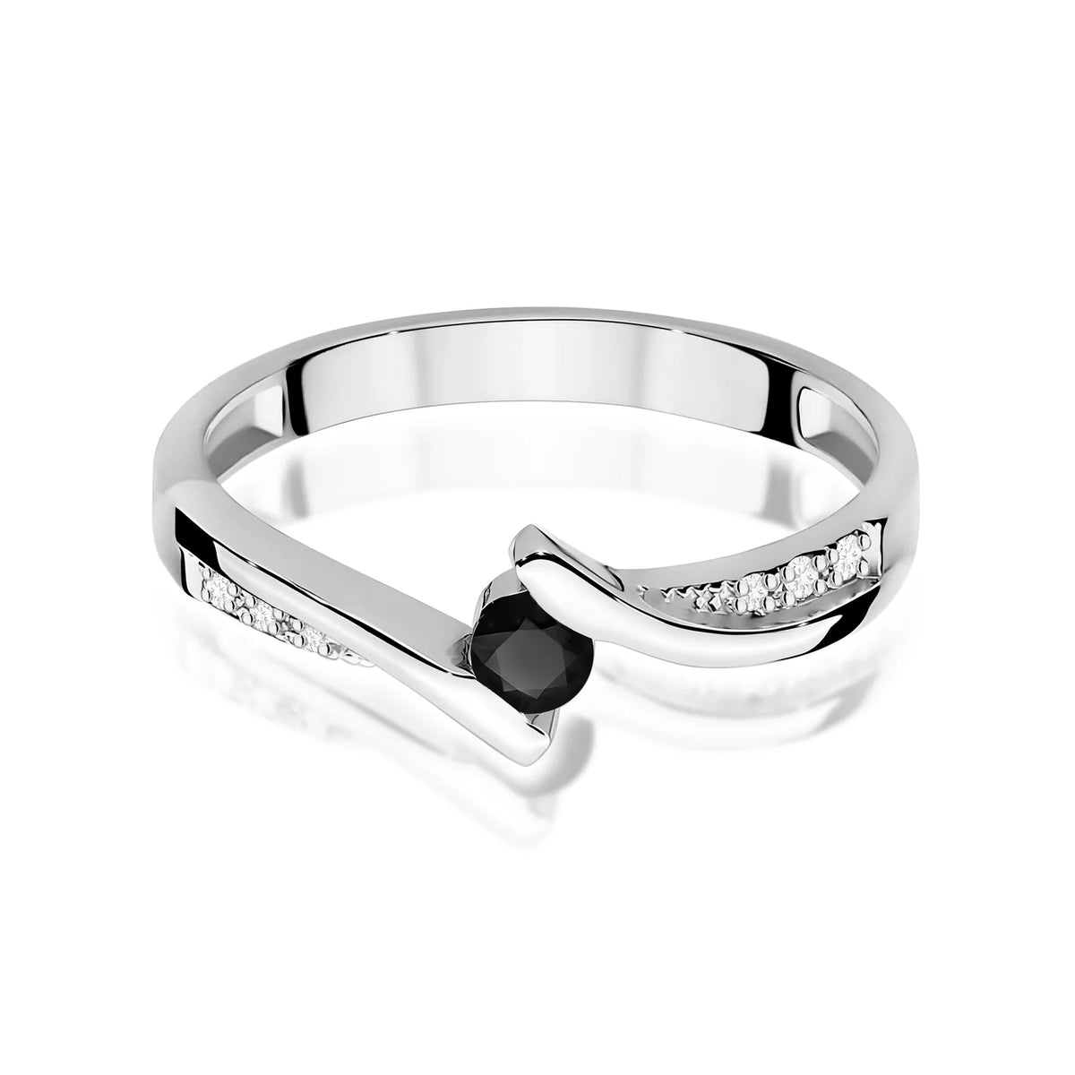 Prsten s otevřenou obroučkou z bílého 14k zlata s černým diamantem 0,12 ct a 0,03 ct bílými diamanty
