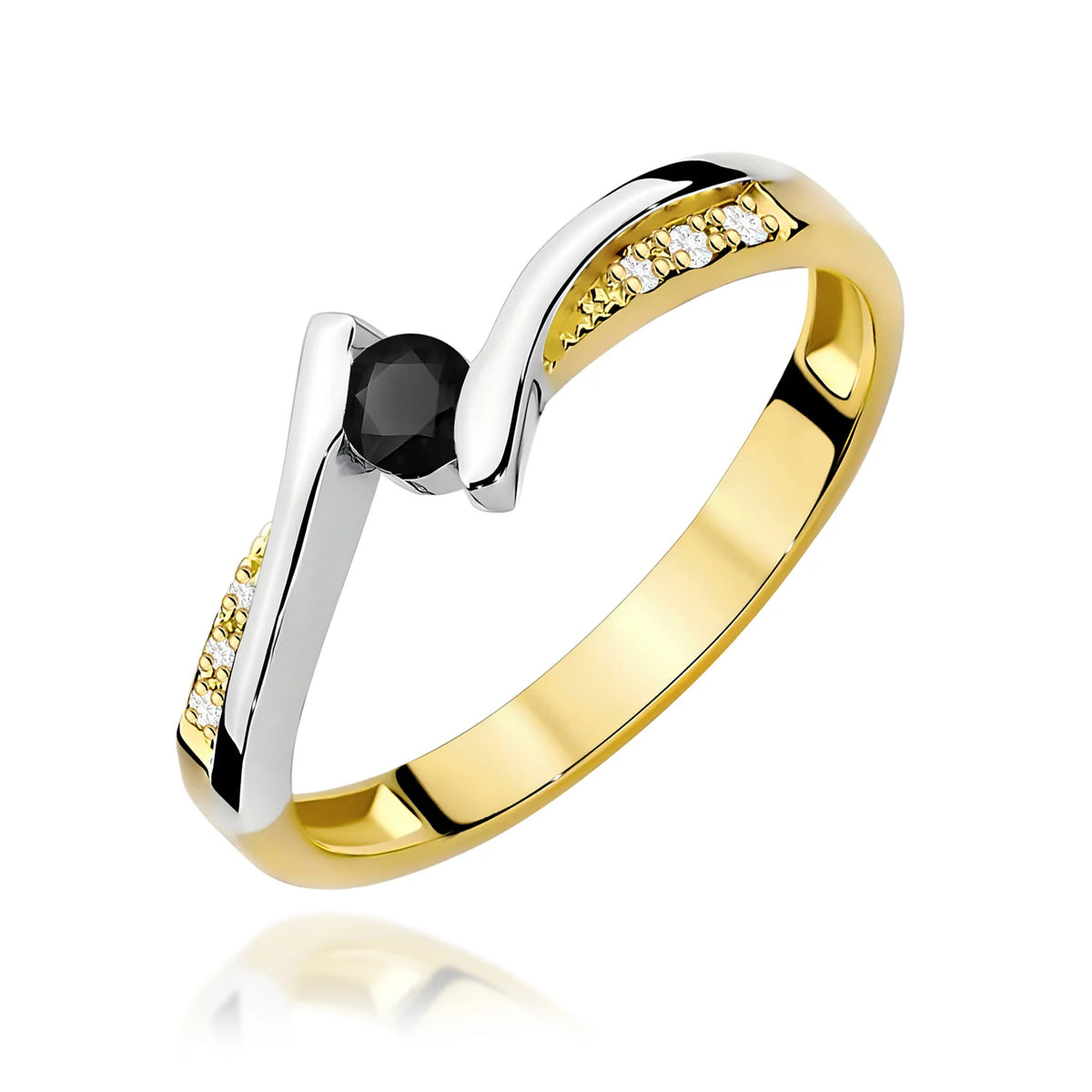 Prsten s otevřenou obroučkou ze žlutého 14k zlata s černým diamantem 0,12 ct a 0,03 ct bílými diamanty