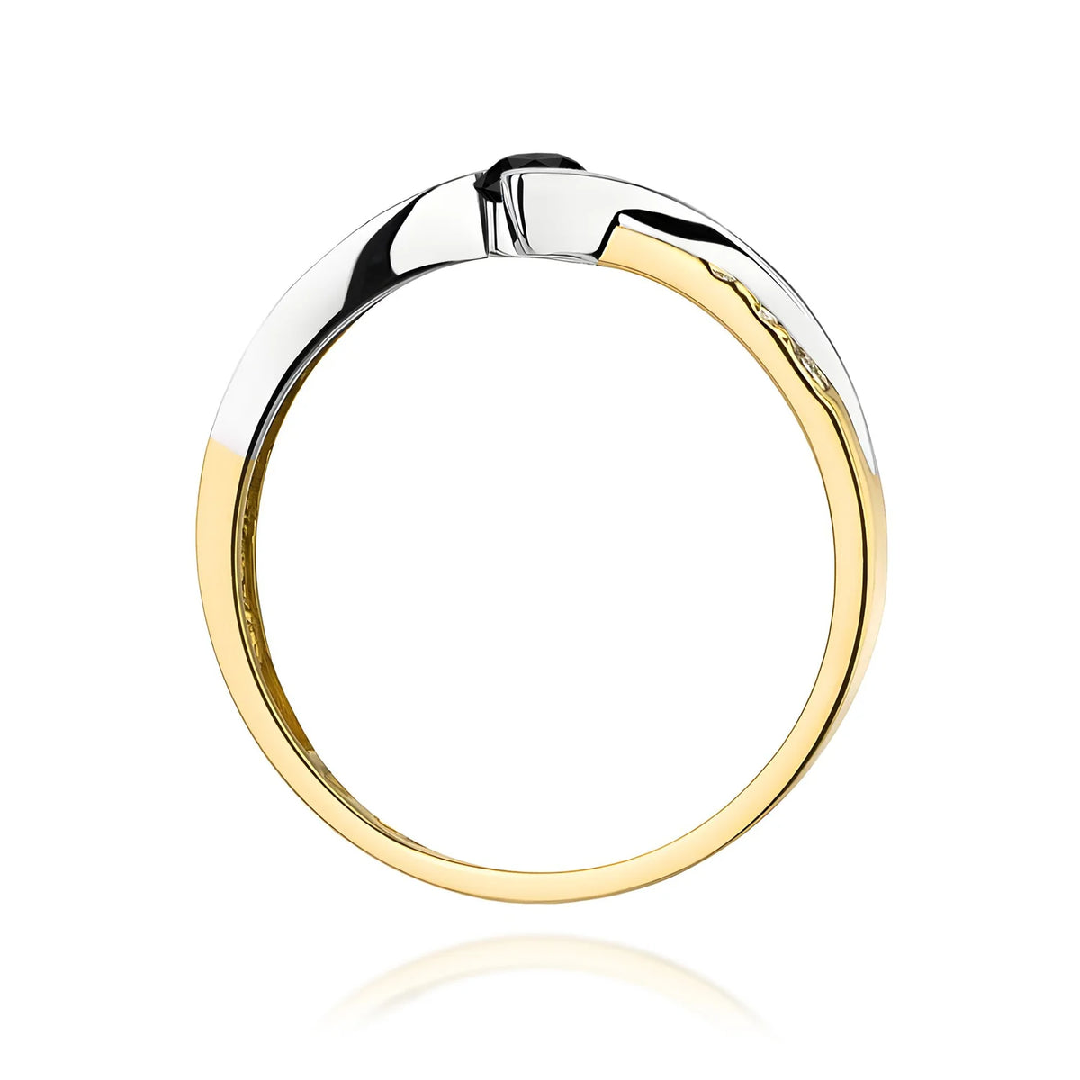 Prsten s otevřenou obroučkou ze žlutého 14k zlata s černým diamantem 0,12 ct a 0,03 ct bílými diamanty