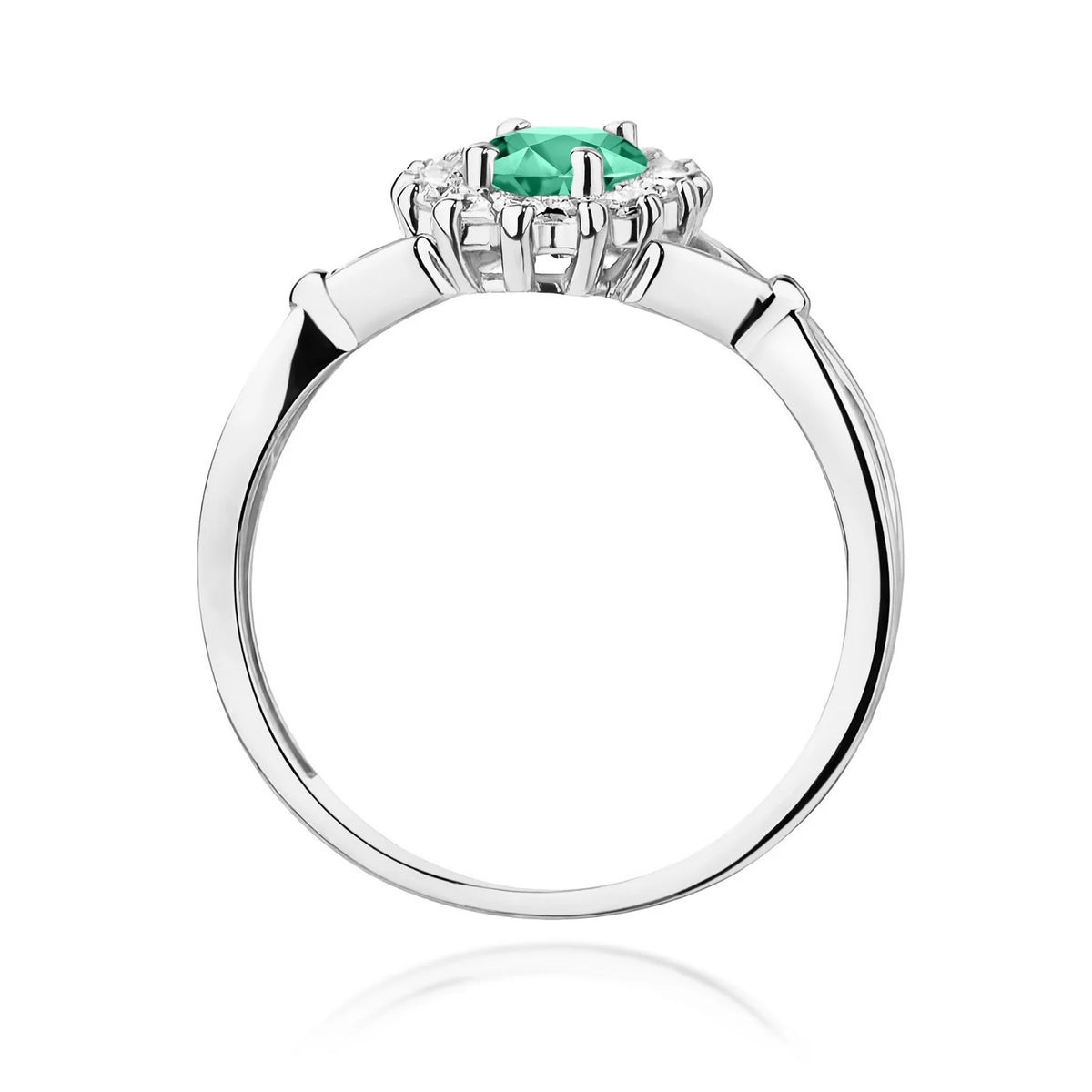 Květinový prsten z bílého 14k zlata s oválným smaragdem 0,80 ct a diamanty 0,28 ct