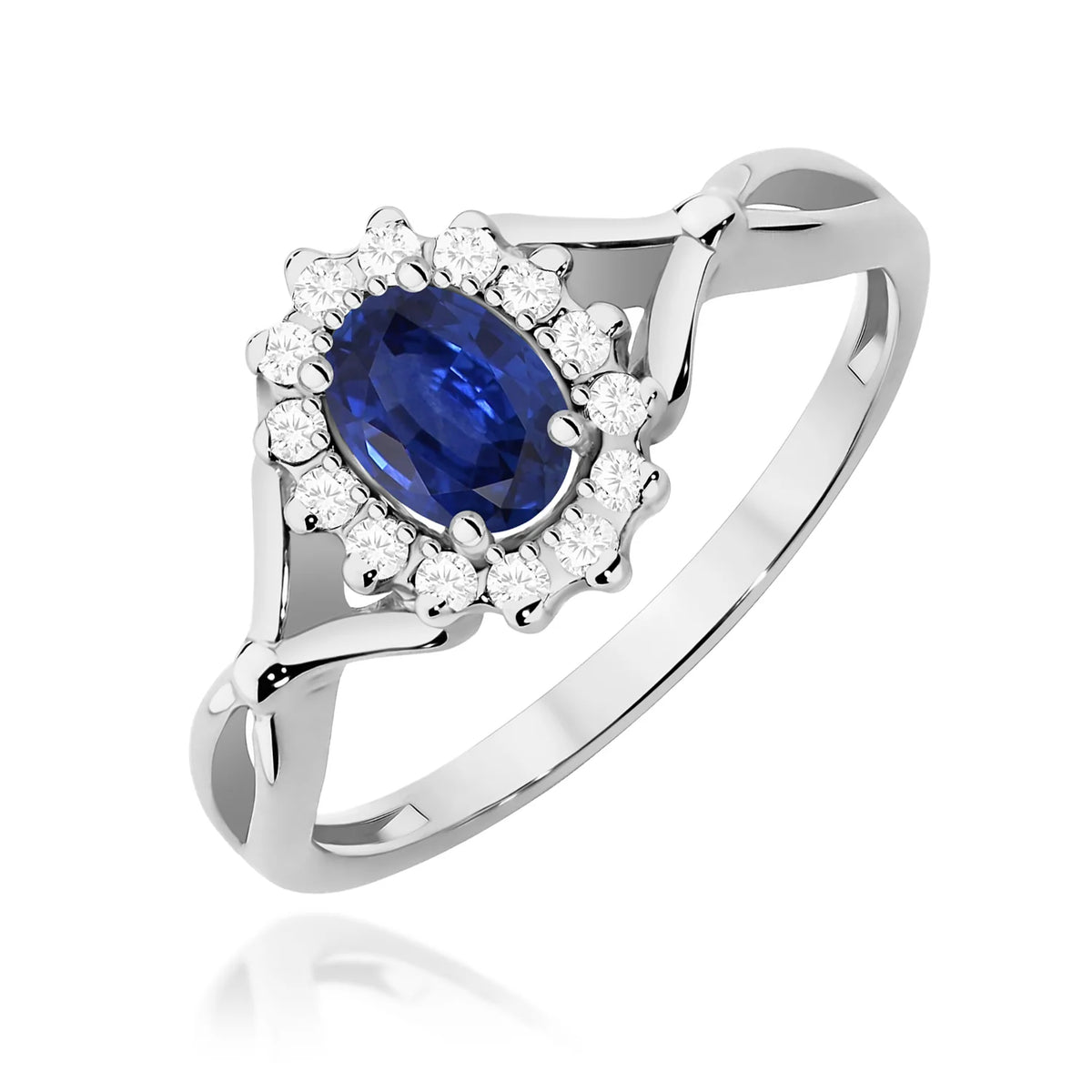 Halo prsten z bílého 14k zlata s dělenými rameny se safírem 0,70 ct a diamanty 0,12 ct