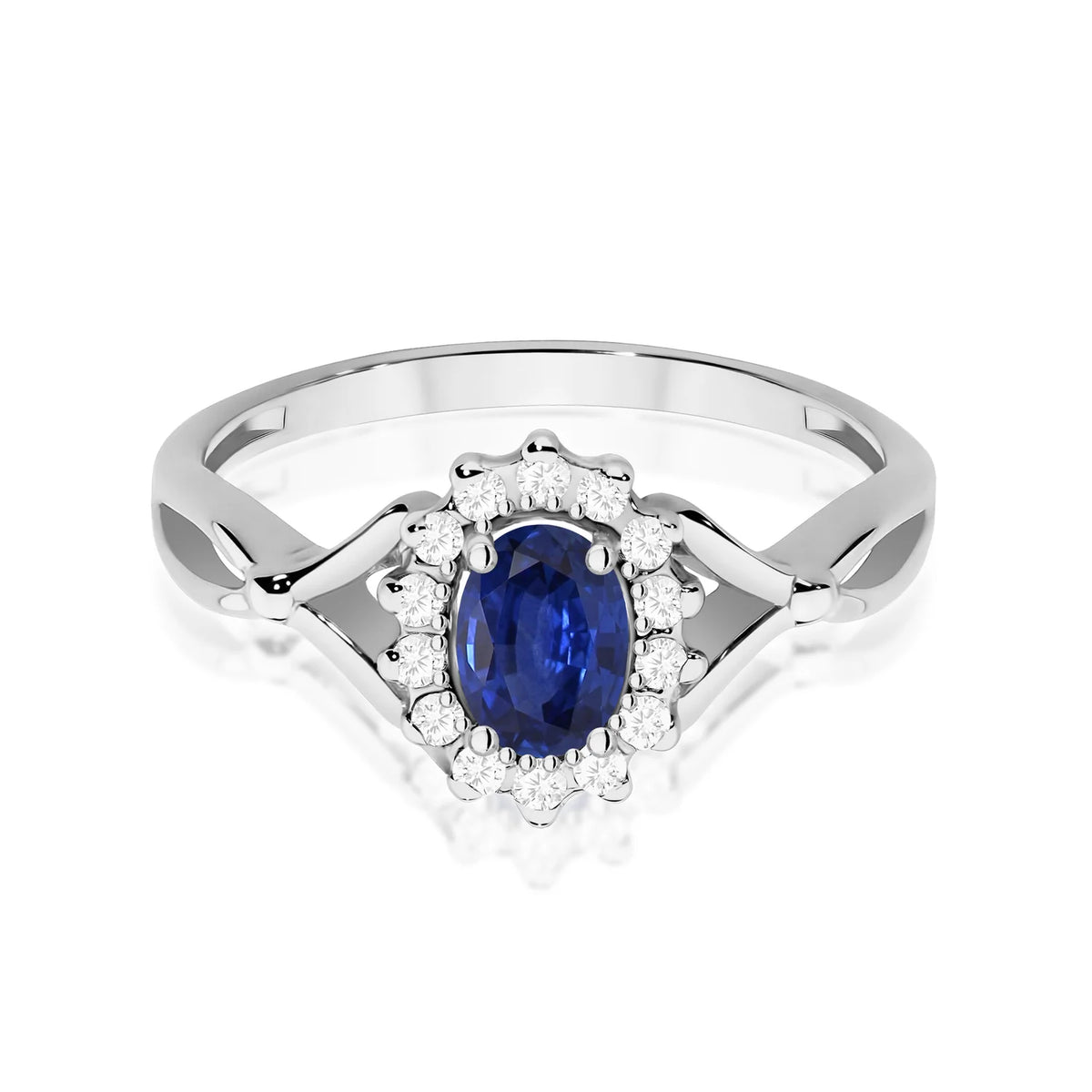 Halo prsten z bílého 14k zlata s dělenými rameny se safírem 0,70 ct a diamanty 0,12 ct