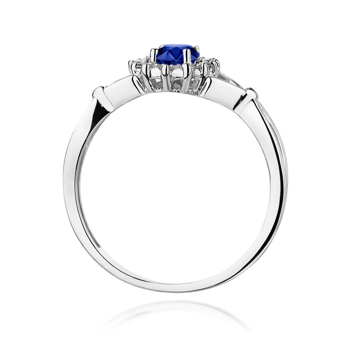 Halo prsten z bílého 14k zlata s dělenými rameny se safírem 0,70 ct a diamanty 0,12 ct