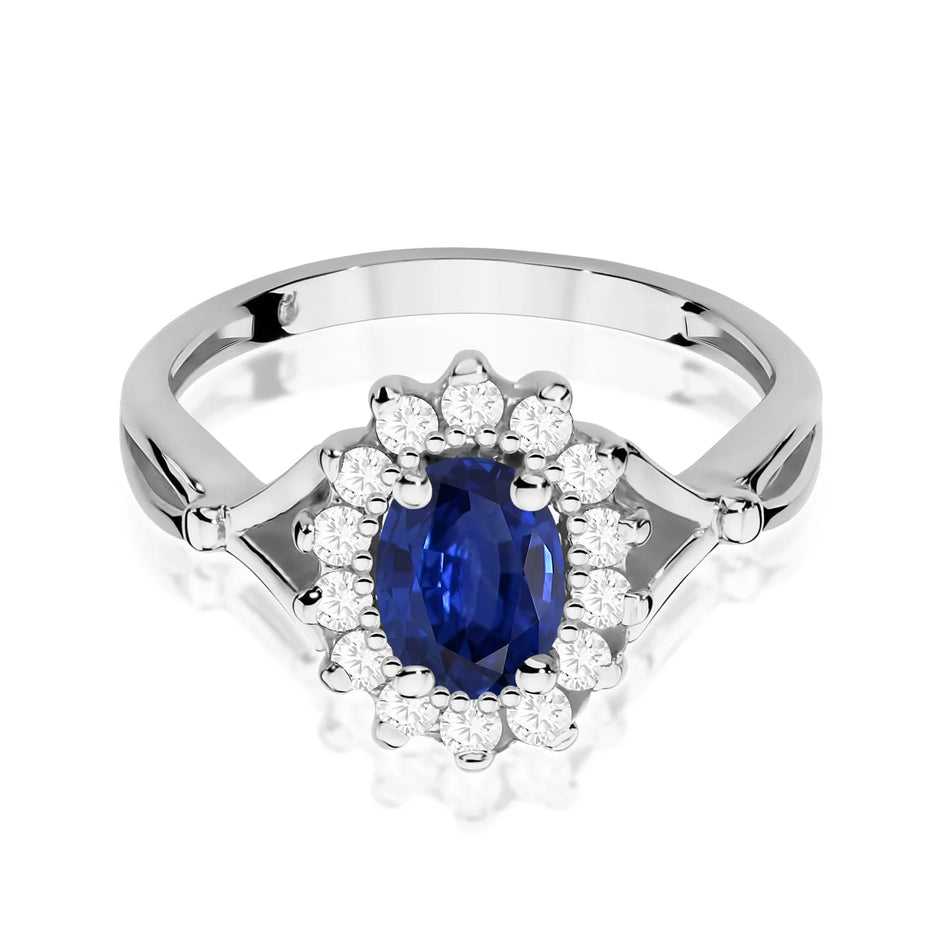 Prsten z bílého zlata se safírem 0,90 ct a diamanty 0,28 ct
