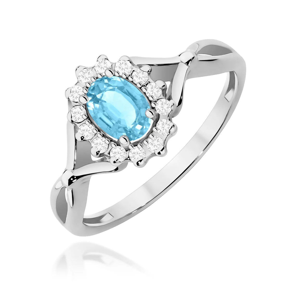 Halo prsten z bílého 14k zlata s dělenými rameny, oválným topazem Swiss Blue 0,50 ct a diamanty 0,12 ct