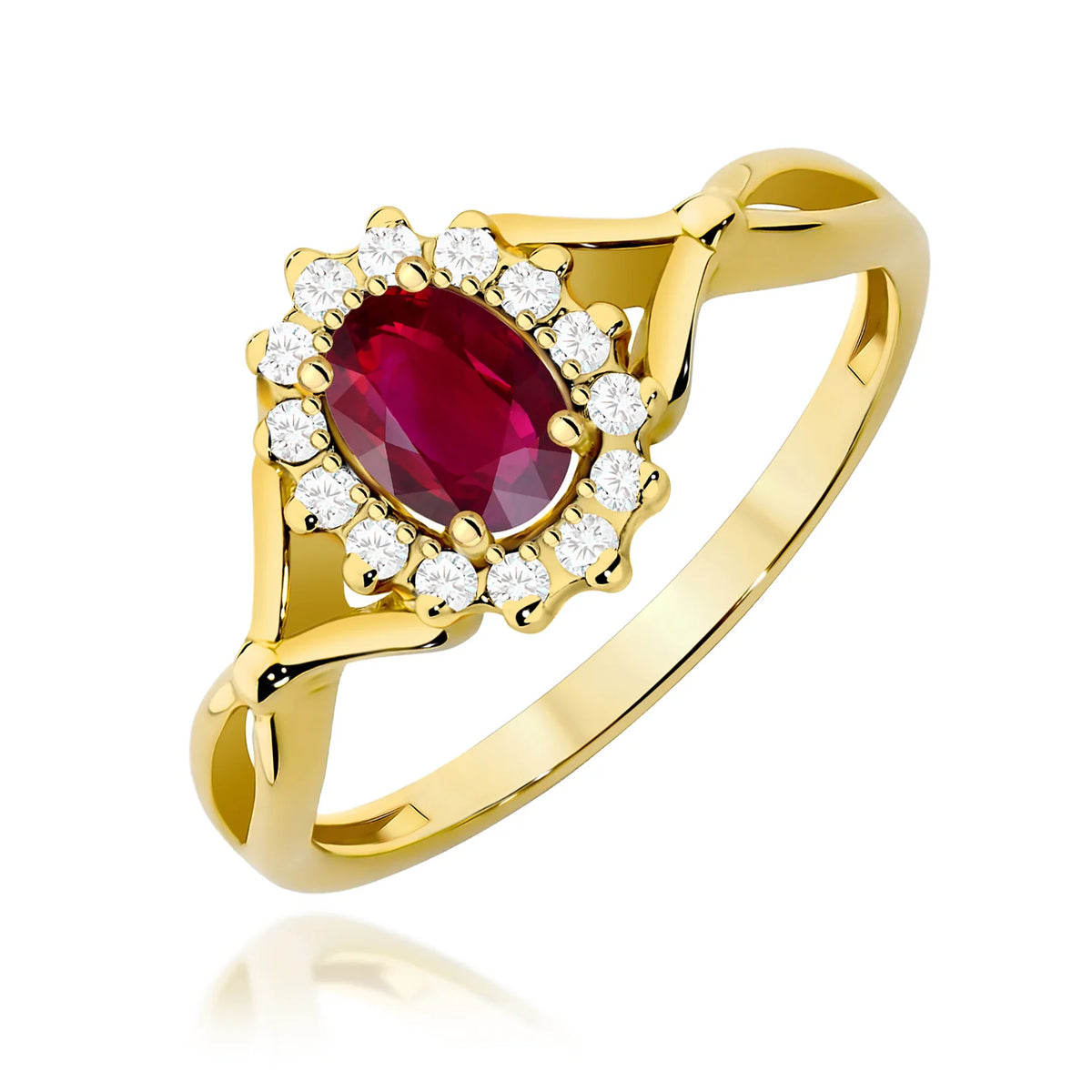 Prsten ze žlutého 14k zlata s dělenými rameny a halo prstenem s oválným rubínem 0,60 ct a diamanty 0,12 ct
