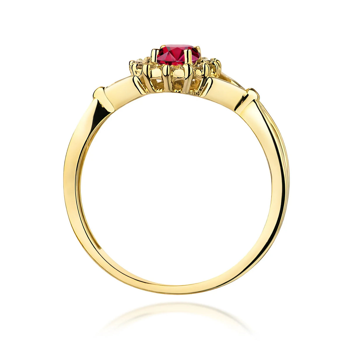 Prsten ze žlutého 14k zlata s dělenými rameny a halo prstenem s oválným rubínem 0,60 ct a diamanty 0,12 ct
