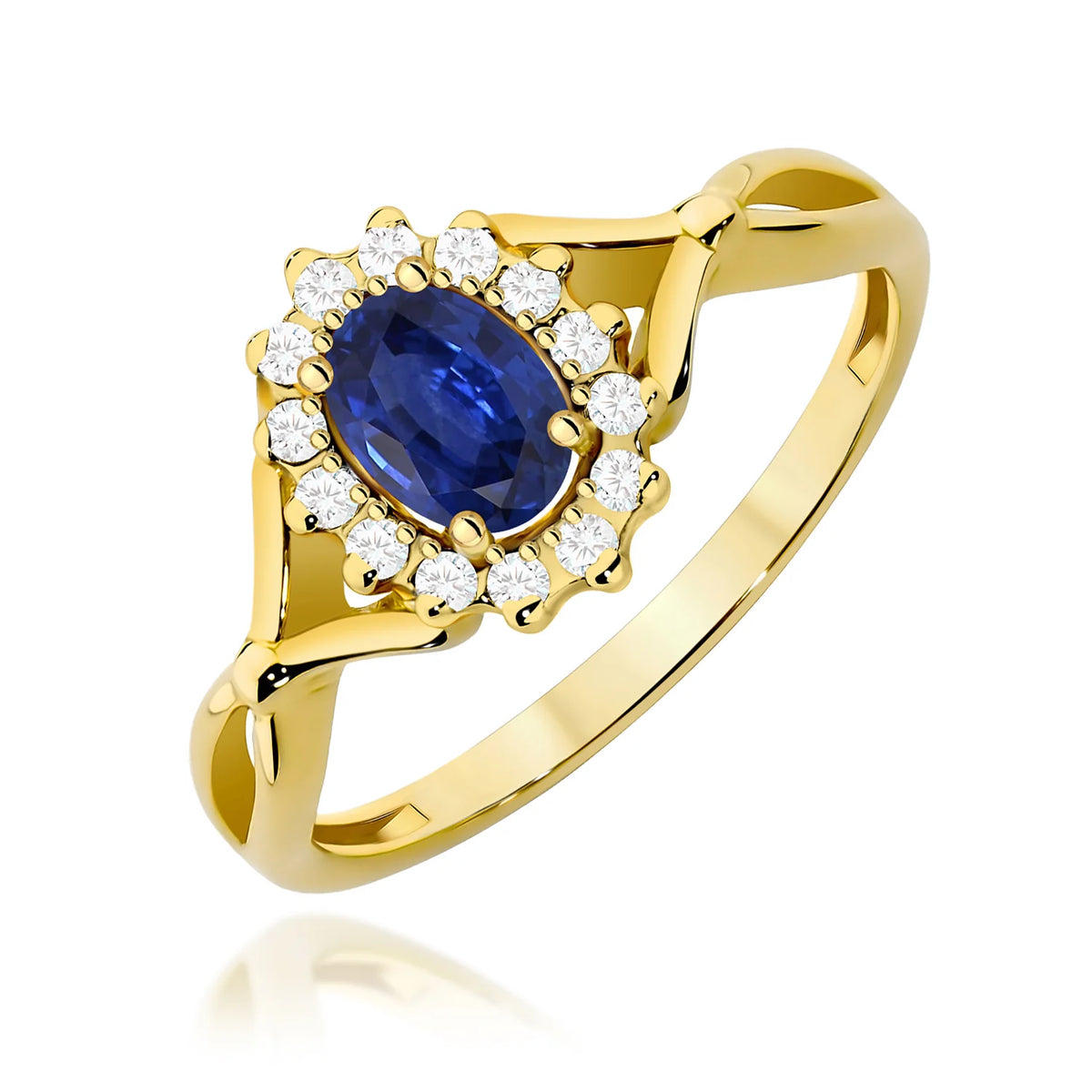 Halo prsten ze žlutého 14k zlata s dělenými rameny se safírem 0,70 ct a diamanty 0,12 ct