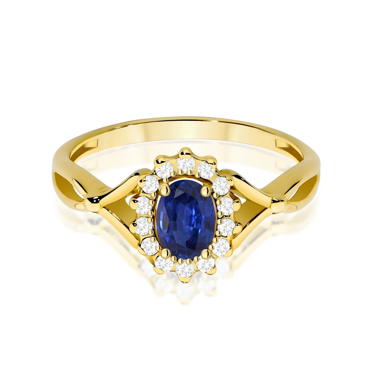 Halo prsten ze žlutého 14k zlata s dělenými rameny se safírem 0,70 ct a diamanty 0,12 ct