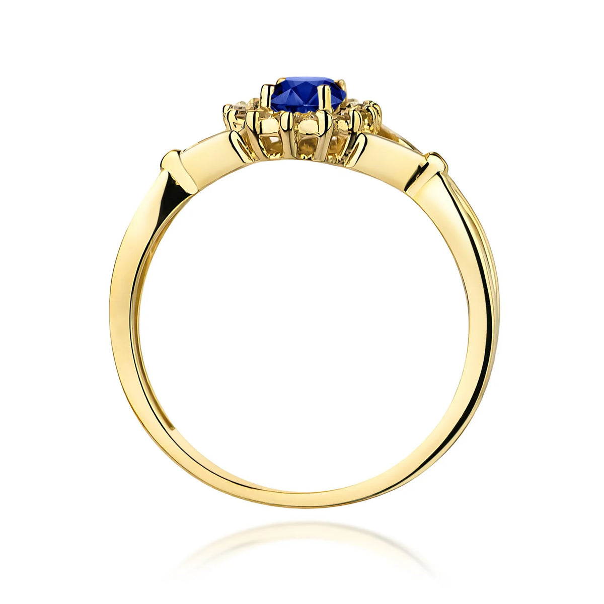 Halo prsten ze žlutého 14k zlata s dělenými rameny se safírem 0,70 ct a diamanty 0,12 ct